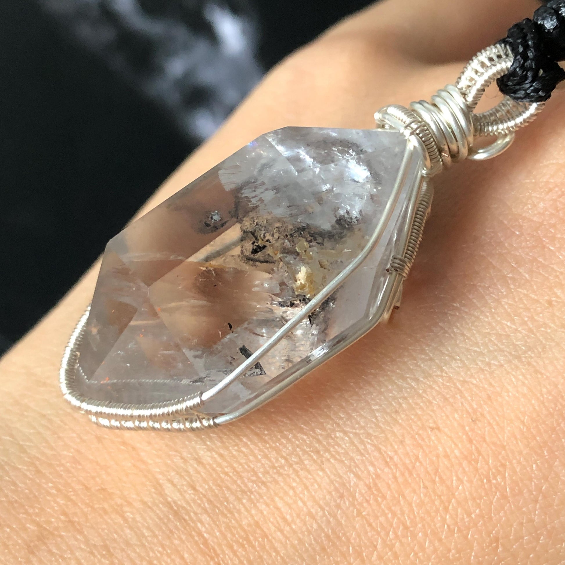 Polished Enhydro Quartz (Herkimer Diamond) Wire Wrapped Pendant Adjustable Necklace:  Rainbow! Moving Sand Inclusion Crystal | Natural Gemstone Birthstone Gift for her enhydro quartz sand water-fall pendant necklace choker gemstone charm stone pendant choker polished stone pendant crystal charm birthstone gift for her men necklace chakra crystal purify stone minerals specimen adjustable choker silver wire wrapped pendant rainbow quartz rainbow quartz sand inclusion crystal charm