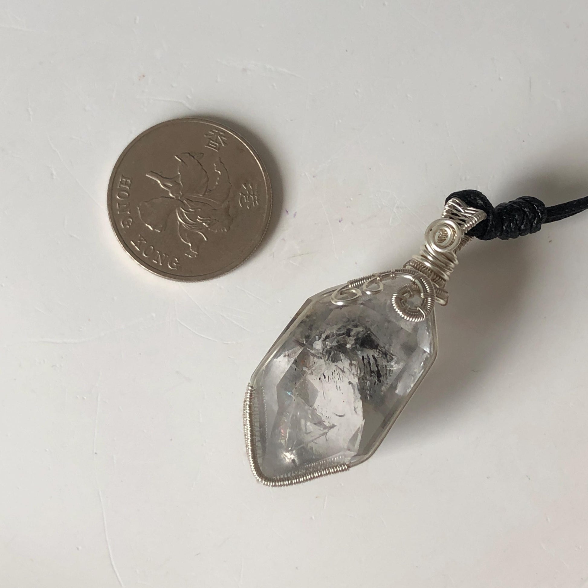 Polished Enhydro Quartz (Herkimer Diamond) Wire Wrapped Pendant Adjustable Necklace:  Rainbow! Moving Sand Inclusion Crystal | Natural Gemstone Birthstone Gift for her enhydro quartz sand water-fall pendant necklace choker gemstone charm stone pendant choker polished stone pendant crystal charm birthstone gift for her men necklace chakra crystal purify stone minerals specimen adjustable choker silver wire wrapped pendant rainbow quartz rainbow quartz sand inclusion crystal charm