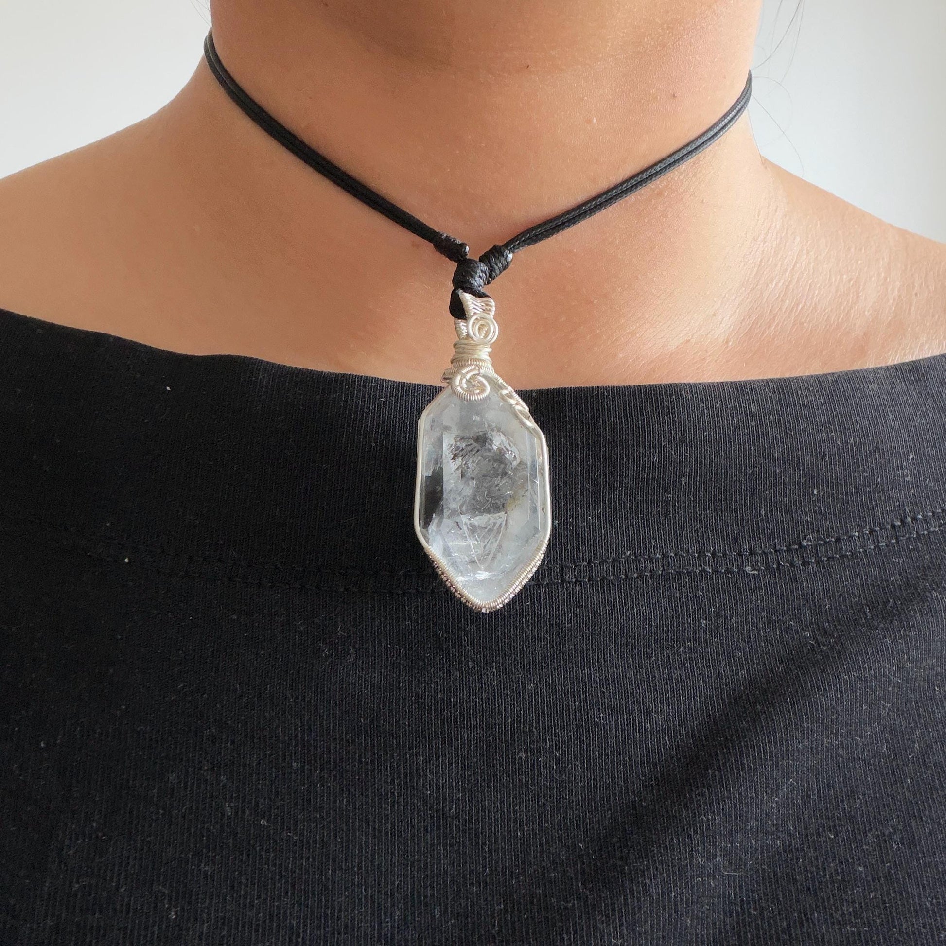 Polished Enhydro Quartz (Herkimer Diamond) Wire Wrapped Pendant Adjustable Necklace:  Rainbow! Moving Sand Inclusion Crystal | Natural Gemstone Birthstone Gift for her enhydro quartz sand water-fall pendant necklace choker gemstone charm stone pendant choker polished stone pendant crystal charm birthstone gift for her men necklace chakra crystal purify stone minerals specimen adjustable choker silver wire wrapped pendant rainbow quartz rainbow quartz sand inclusion crystal charm