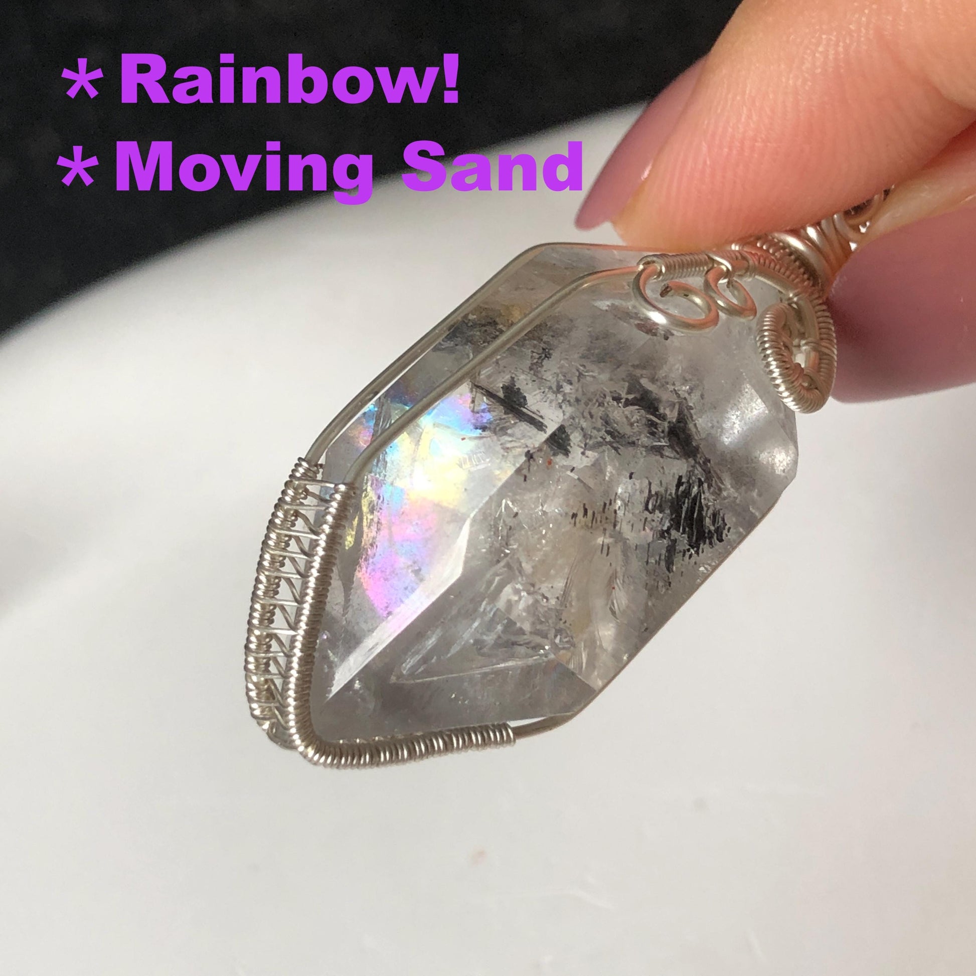 Polished Enhydro Quartz (Herkimer Diamond) Wire Wrapped Pendant Adjustable Necklace:  Rainbow! Moving Sand Inclusion Crystal | Natural Gemstone Birthstone Gift for her enhydro quartz sand water-fall pendant necklace choker gemstone charm stone pendant choker polished stone pendant crystal charm birthstone gift for her men necklace chakra crystal purify stone minerals specimen adjustable choker silver wire wrapped pendant rainbow quartz rainbow quartz sand inclusion crystal charm
