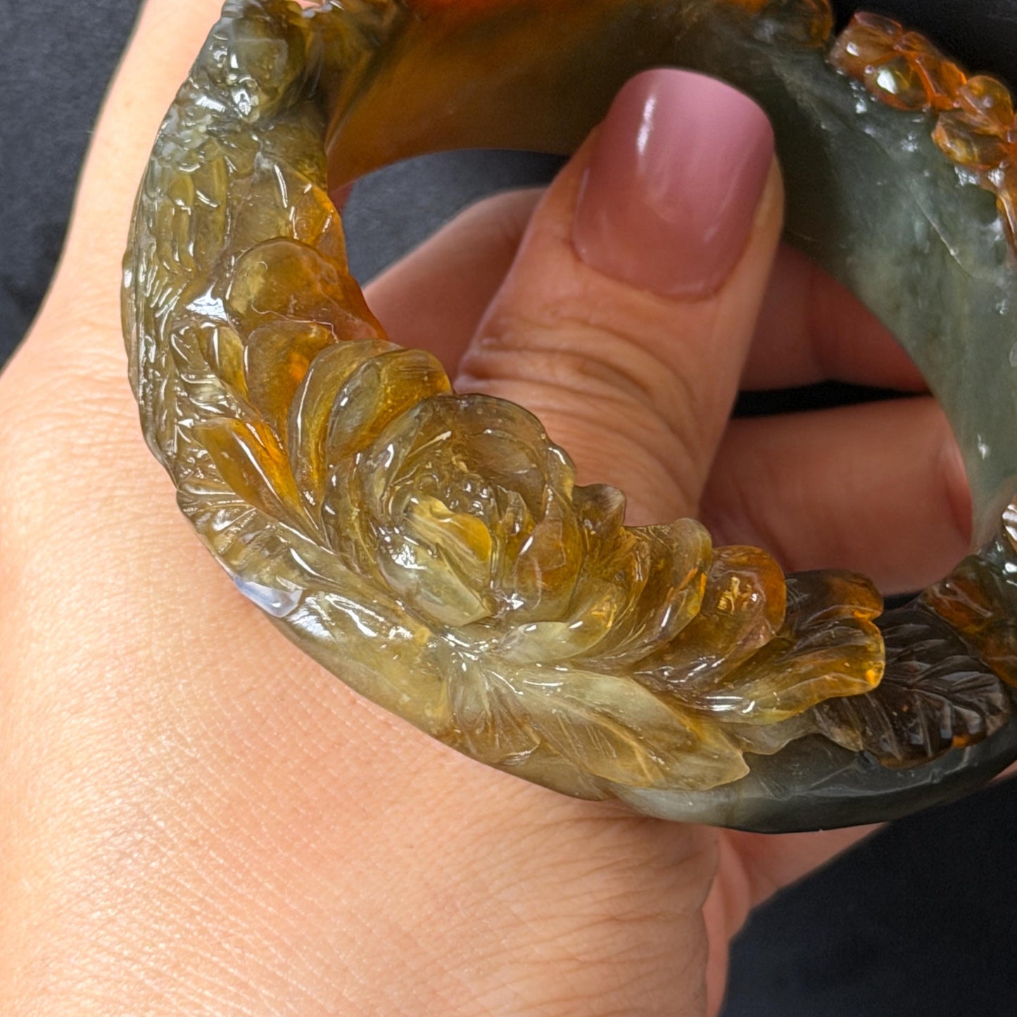 54.2mm Xiu Jade Serpentine Hand Carved Golden Pheasant & Peony Flowers Bangle: Natural Brown Yellow Green Multi Colour Jade Handcrafted Bracelet, Stone Carving Gemstone Jewelry gift for her wide jade bangle jade carving hand engraved stone carving natural untreated jade bracelet green jade yellow jade brown jade multi colour jade handcrafted jade flower carving floral bracelet chinese jade vintage bangle antique bracelet peony carving antique bracelet 3D stone carving