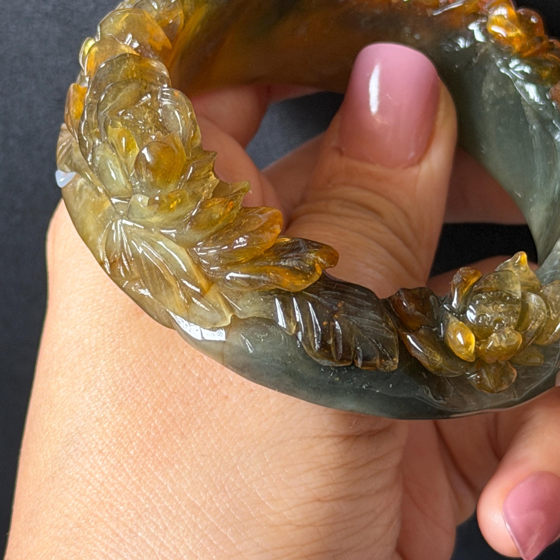 54.2mm Xiu Jade Serpentine Hand Carved Golden Pheasant & Peony Flowers Bangle: Natural Brown Yellow Green Multi Colour Jade Handcrafted Bracelet, Stone Carving Gemstone Jewelry gift for her wide jade bangle jade carving hand engraved stone carving natural untreated jade bracelet green jade yellow jade brown jade multi colour jade handcrafted jade flower carving floral bracelet chinese jade vintage bangle antique bracelet peony carving antique bracelet 3D stone carving
