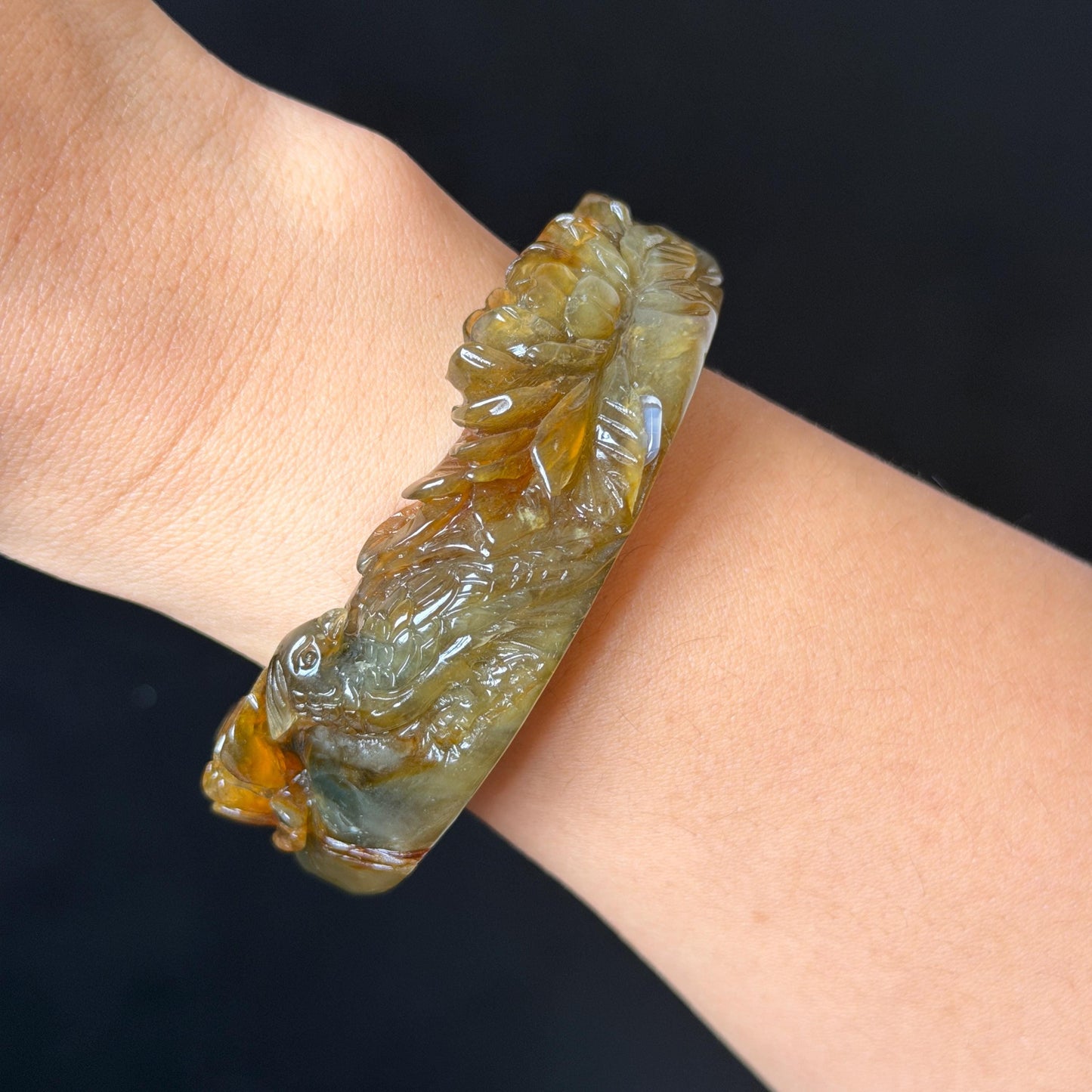54.2mm Xiu Jade Serpentine Hand Carved Golden Pheasant & Peony Flowers Bangle: Natural Brown Yellow Green Multi Colour Jade Handcrafted Bracelet, Stone Carving Gemstone Jewelry gift for her wide jade bangle jade carving hand engraved stone carving natural untreated jade bracelet green jade yellow jade brown jade multi colour jade handcrafted jade flower carving floral bracelet chinese jade vintage bangle antique bracelet peony carving antique bracelet 3D stone carving