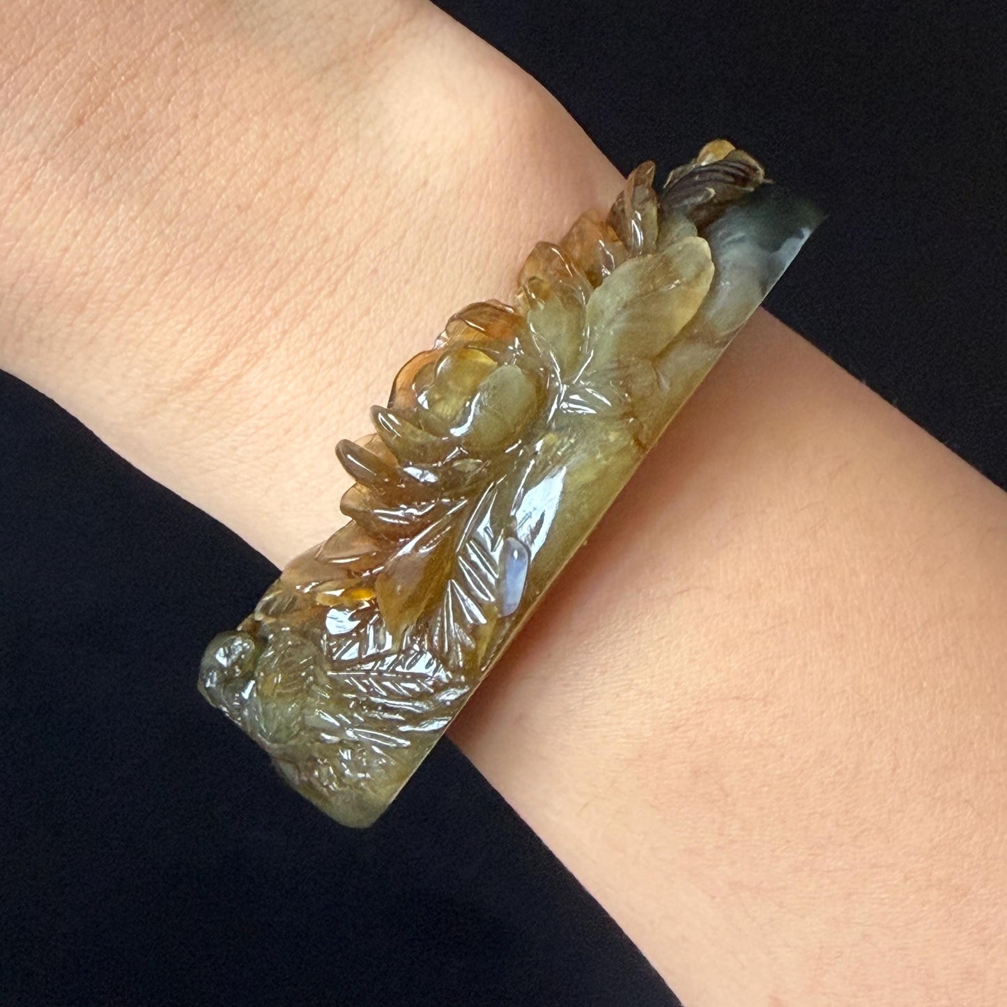 54.2mm Xiu Jade Serpentine Hand Carved Golden Pheasant & Peony Flowers Bangle: Natural Brown Yellow Green Multi Colour Jade Handcrafted Bracelet, Stone Carving Gemstone Jewelry gift for her wide jade bangle jade carving hand engraved stone carving natural untreated jade bracelet green jade yellow jade brown jade multi colour jade handcrafted jade flower carving floral bracelet chinese jade vintage bangle antique bracelet peony carving antique bracelet 3D stone carving