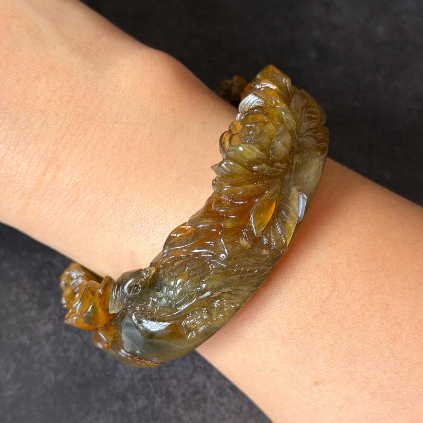 54.2mm Xiu Jade Serpentine Hand Carved Golden Pheasant & Peony Flowers Bangle: Natural Brown Yellow Green Multi Colour Jade Handcrafted Bracelet, Stone Carving Gemstone Jewelry gift for her wide jade bangle jade carving hand engraved stone carving natural untreated jade bracelet green jade yellow jade brown jade multi colour jade handcrafted jade flower carving floral bracelet chinese jade vintage bangle antique bracelet peony carving antique bracelet 3D stone carving