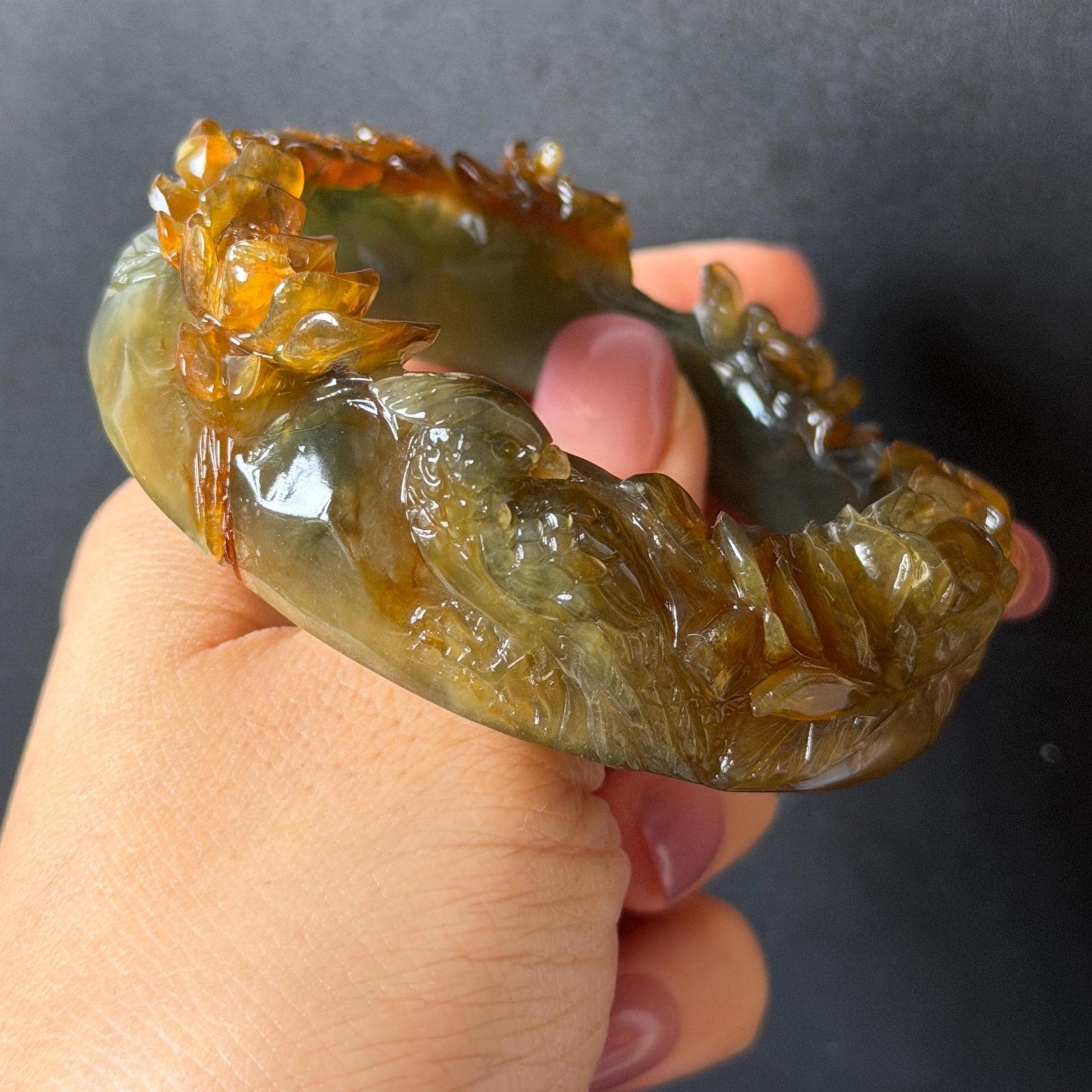 54.2mm Xiu Jade Serpentine Hand Carved Golden Pheasant & Peony Flowers Bangle: Natural Brown Yellow Green Multi Colour Jade Handcrafted Bracelet, Stone Carving Gemstone Jewelry gift for her wide jade bangle jade carving hand engraved stone carving natural untreated jade bracelet green jade yellow jade brown jade multi colour jade handcrafted jade flower carving floral bracelet chinese jade vintage bangle antique bracelet peony carving antique bracelet 3D stone carving