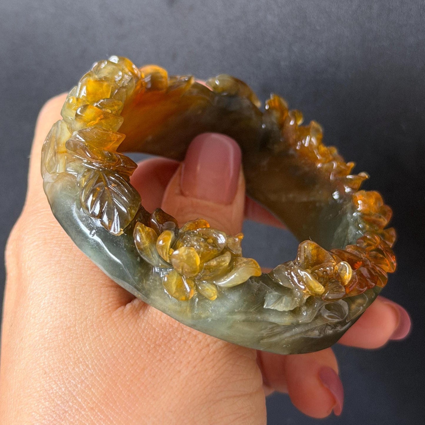 54.2mm Xiu Jade Serpentine Hand Carved Golden Pheasant & Peony Flowers Bangle: Natural Brown Yellow Green Multi Colour Jade Handcrafted Bracelet, Stone Carving Gemstone Jewelry gift for her wide jade bangle jade carving hand engraved stone carving natural untreated jade bracelet green jade yellow jade brown jade multi colour jade handcrafted jade flower carving floral bracelet chinese jade vintage bangle antique bracelet peony carving antique bracelet 3D stone carving