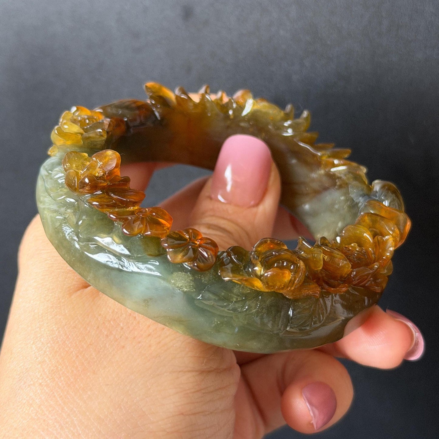 54.2mm Xiu Jade Serpentine Hand Carved Golden Pheasant & Peony Flowers Bangle: Natural Brown Yellow Green Multi Colour Jade Handcrafted Bracelet, Stone Carving Gemstone Jewelry gift for her wide jade bangle jade carving hand engraved stone carving natural untreated jade bracelet green jade yellow jade brown jade multi colour jade handcrafted jade flower carving floral bracelet chinese jade vintage bangle antique bracelet peony carving antique bracelet 3D stone carving
