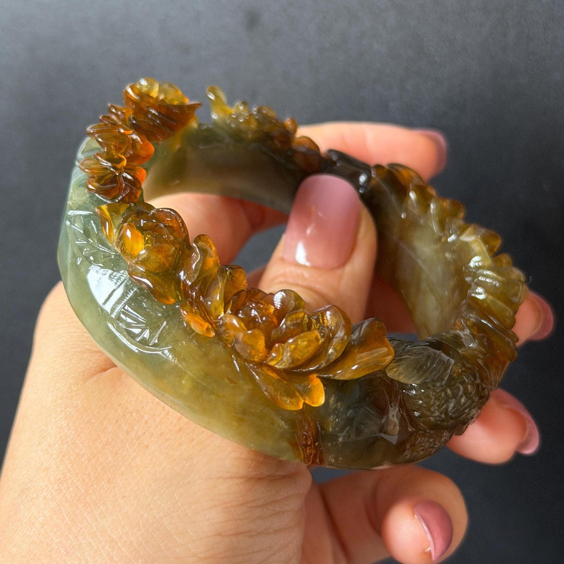54.2mm Xiu Jade Serpentine Hand Carved Golden Pheasant & Peony Flowers Bangle: Natural Brown Yellow Green Multi Colour Jade Handcrafted Bracelet, Stone Carving Gemstone Jewelry gift for her wide jade bangle jade carving hand engraved stone carving natural untreated jade bracelet green jade yellow jade brown jade multi colour jade handcrafted jade flower carving floral bracelet chinese jade vintage bangle antique bracelet peony carving antique bracelet 3D stone carving