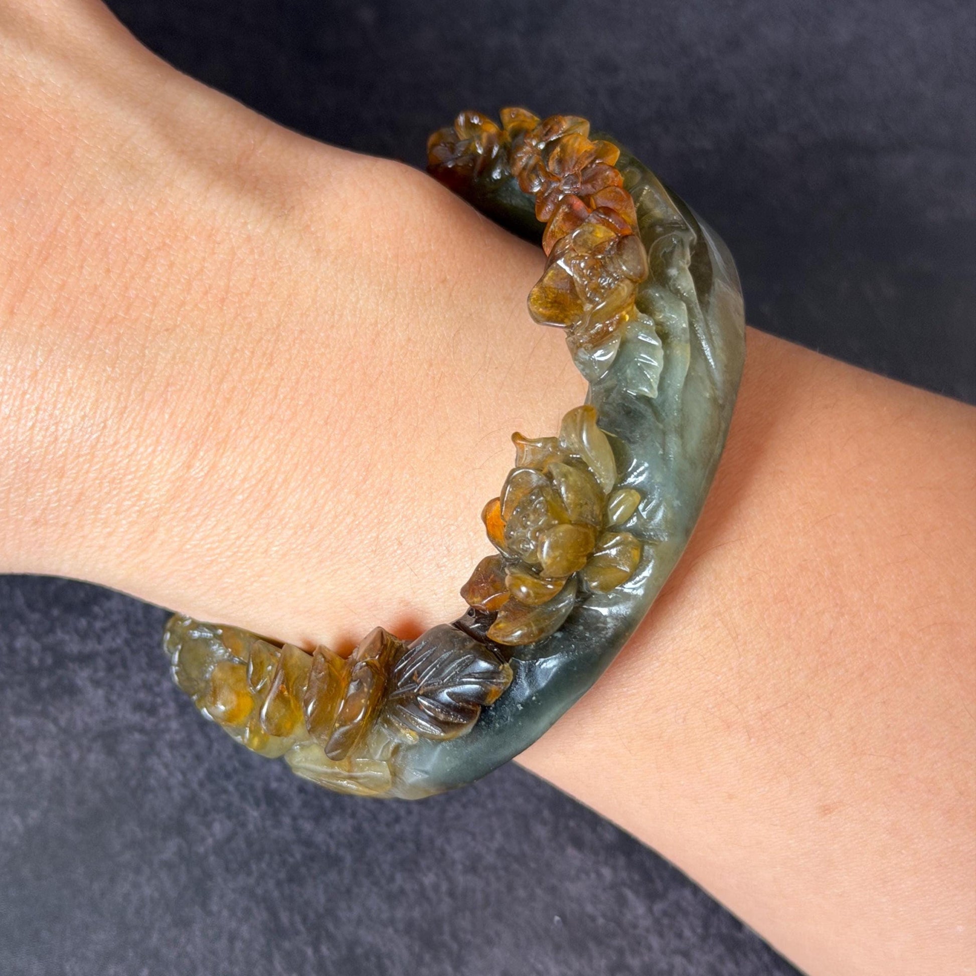 54.2mm Xiu Jade Serpentine Hand Carved Golden Pheasant & Peony Flowers Bangle: Natural Brown Yellow Green Multi Colour Jade Handcrafted Bracelet, Stone Carving Gemstone Jewelry gift for her wide jade bangle jade carving hand engraved stone carving natural untreated jade bracelet green jade yellow jade brown jade multi colour jade handcrafted jade flower carving floral bracelet chinese jade vintage bangle antique bracelet peony carving antique bracelet 3D stone carving