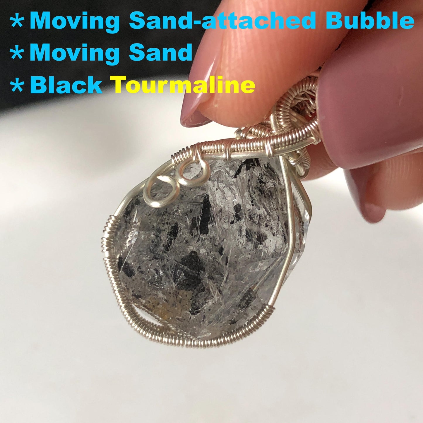 Polished Enhydro Quartz (Herkimer Diamond) Small Pendant Necklace: Moving Big Bubble and Moving Sand with Black Tourmaline Inclusion Crystal