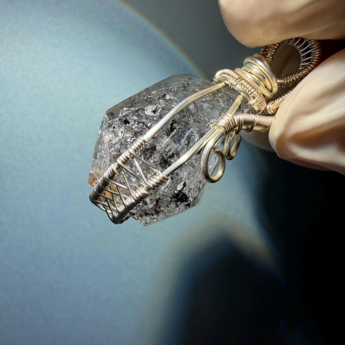 Polished Enhydro Quartz (Herkimer Diamond) Wire Wrapped Small Pendant Adjustable Necklace: Shifting Big Bubble and Moving Sand with Black Tourmaline Inclusion Crystal | Natural Gemstone Birthstone Gift for her  enhydro quartz sand water-fall pendant necklace choker gemstone charm stone pendant choker polished stone pendant crystal charm birthstone gift for her men necklace chakra crystal purify stone minerals specimen adjustable choker silver wire wrapped pendant