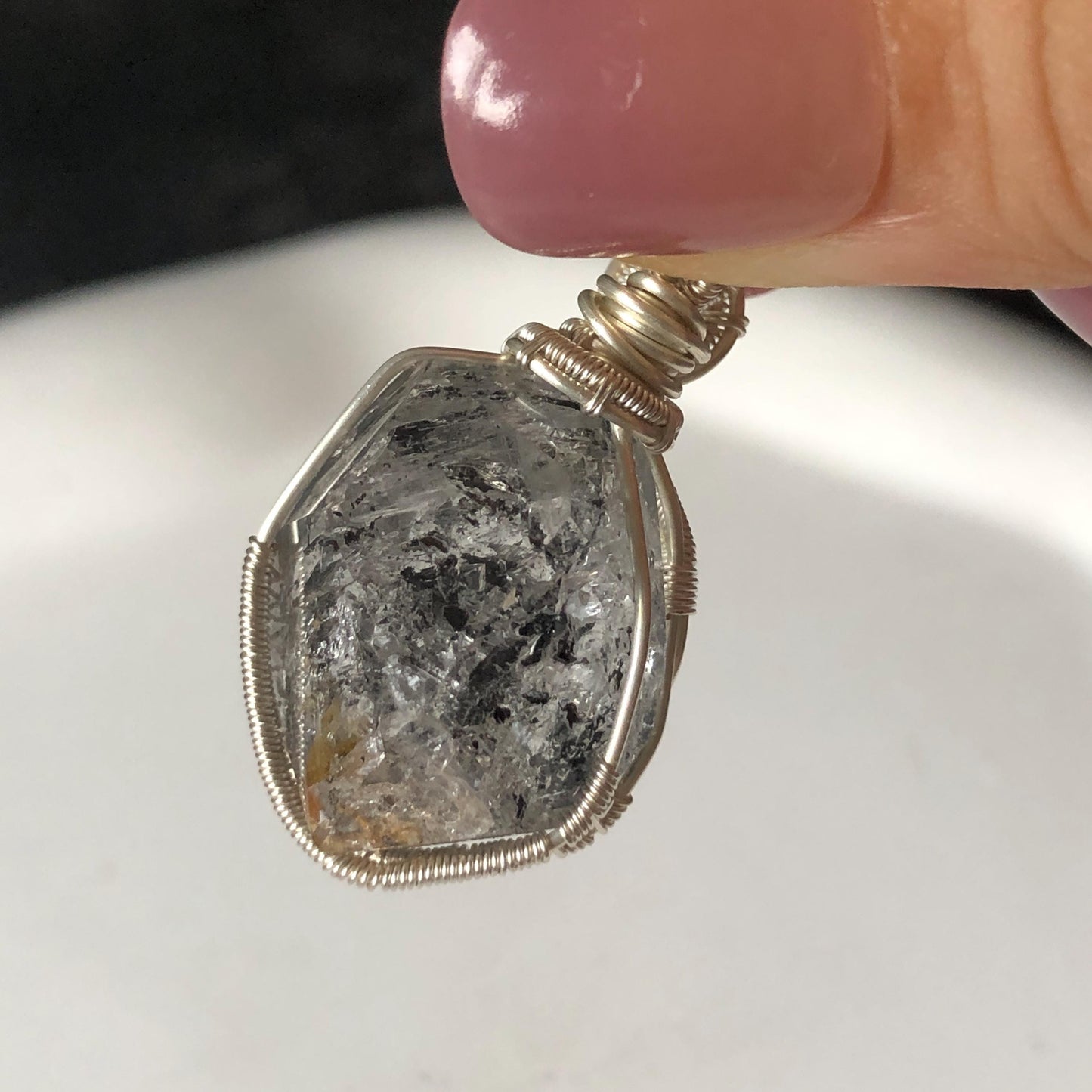 Polished Enhydro Quartz (Herkimer Diamond) Wire Wrapped Small Pendant Adjustable Necklace: Shifting Big Bubble and Moving Sand with Black Tourmaline Inclusion Crystal | Natural Gemstone Birthstone Gift for her  enhydro quartz sand water-fall pendant necklace choker gemstone charm stone pendant choker polished stone pendant crystal charm birthstone gift for her men necklace chakra crystal purify stone minerals specimen adjustable choker silver wire wrapped pendant