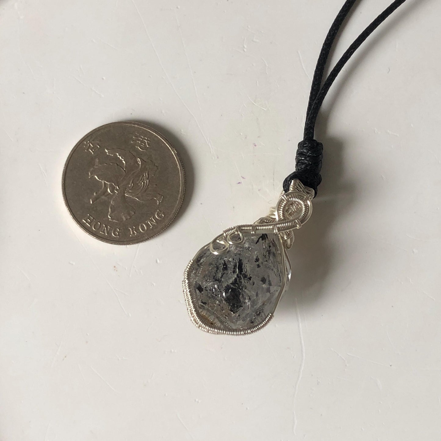 Polished Enhydro Quartz (Herkimer Diamond) Wire Wrapped Small Pendant Adjustable Necklace: Shifting Big Bubble and Moving Sand with Black Tourmaline Inclusion Crystal | Natural Gemstone Birthstone Gift for her  enhydro quartz sand water-fall pendant necklace choker gemstone charm stone pendant choker polished stone pendant crystal charm birthstone gift for her men necklace chakra crystal purify stone minerals specimen adjustable choker silver wire wrapped pendant