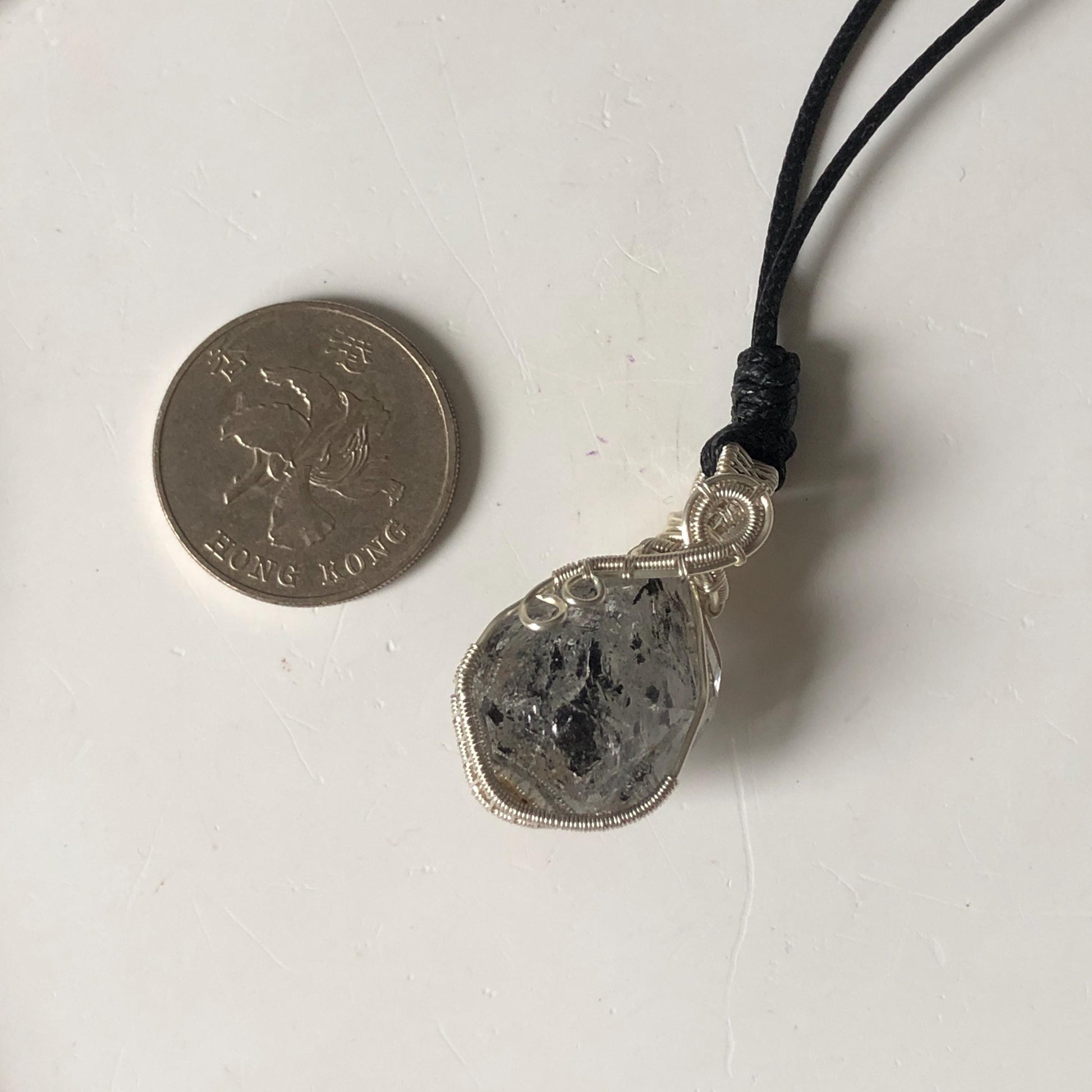 Polished Enhydro Quartz (Herkimer Diamond) Wire Wrapped Small Pendant Adjustable Necklace: Shifting Big Bubble and Moving Sand with Black Tourmaline Inclusion Crystal | Natural Gemstone Birthstone Gift for her  enhydro quartz sand water-fall pendant necklace choker gemstone charm stone pendant choker polished stone pendant crystal charm birthstone gift for her men necklace chakra crystal purify stone minerals specimen adjustable choker silver wire wrapped pendant