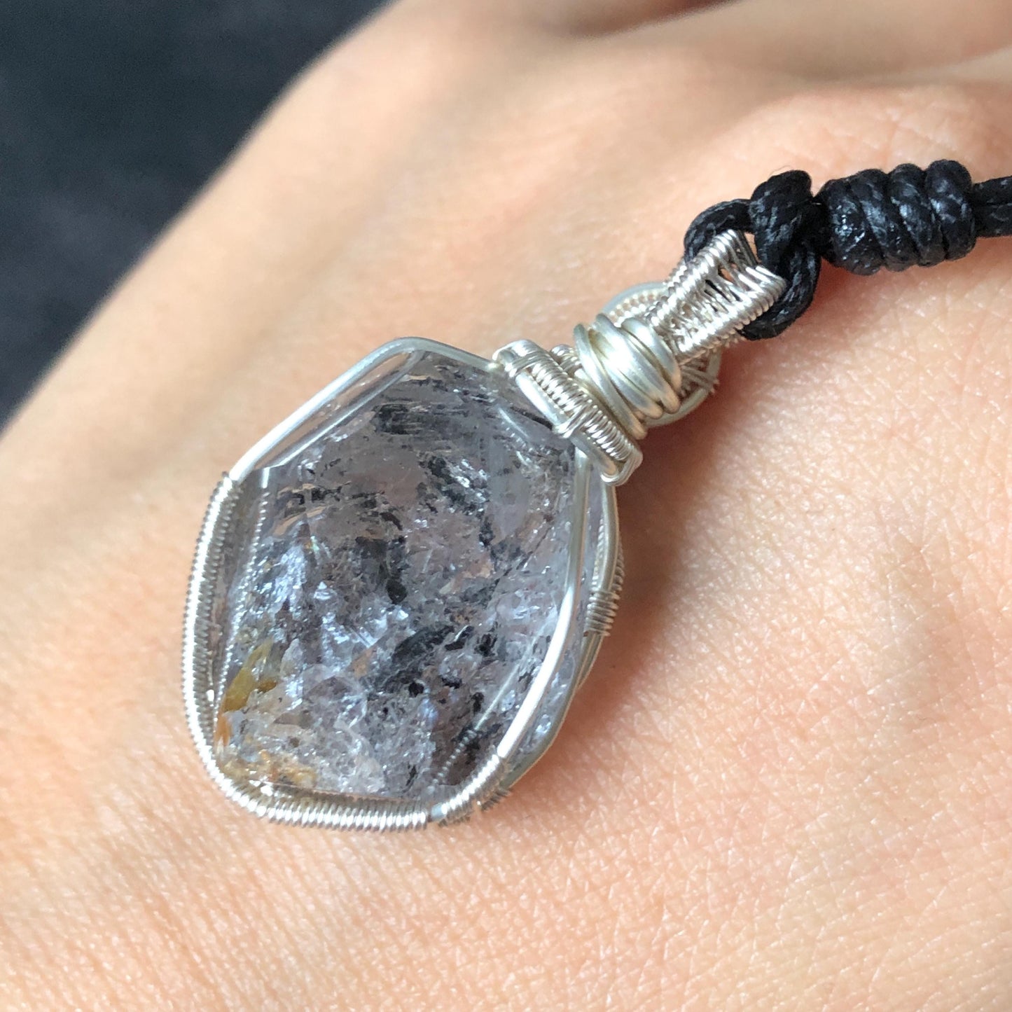 Polished Enhydro Quartz (Herkimer Diamond) Wire Wrapped Small Pendant Adjustable Necklace: Shifting Big Bubble and Moving Sand with Black Tourmaline Inclusion Crystal | Natural Gemstone Birthstone Gift for her  enhydro quartz sand water-fall pendant necklace choker gemstone charm stone pendant choker polished stone pendant crystal charm birthstone gift for her men necklace chakra crystal purify stone minerals specimen adjustable choker silver wire wrapped pendant
