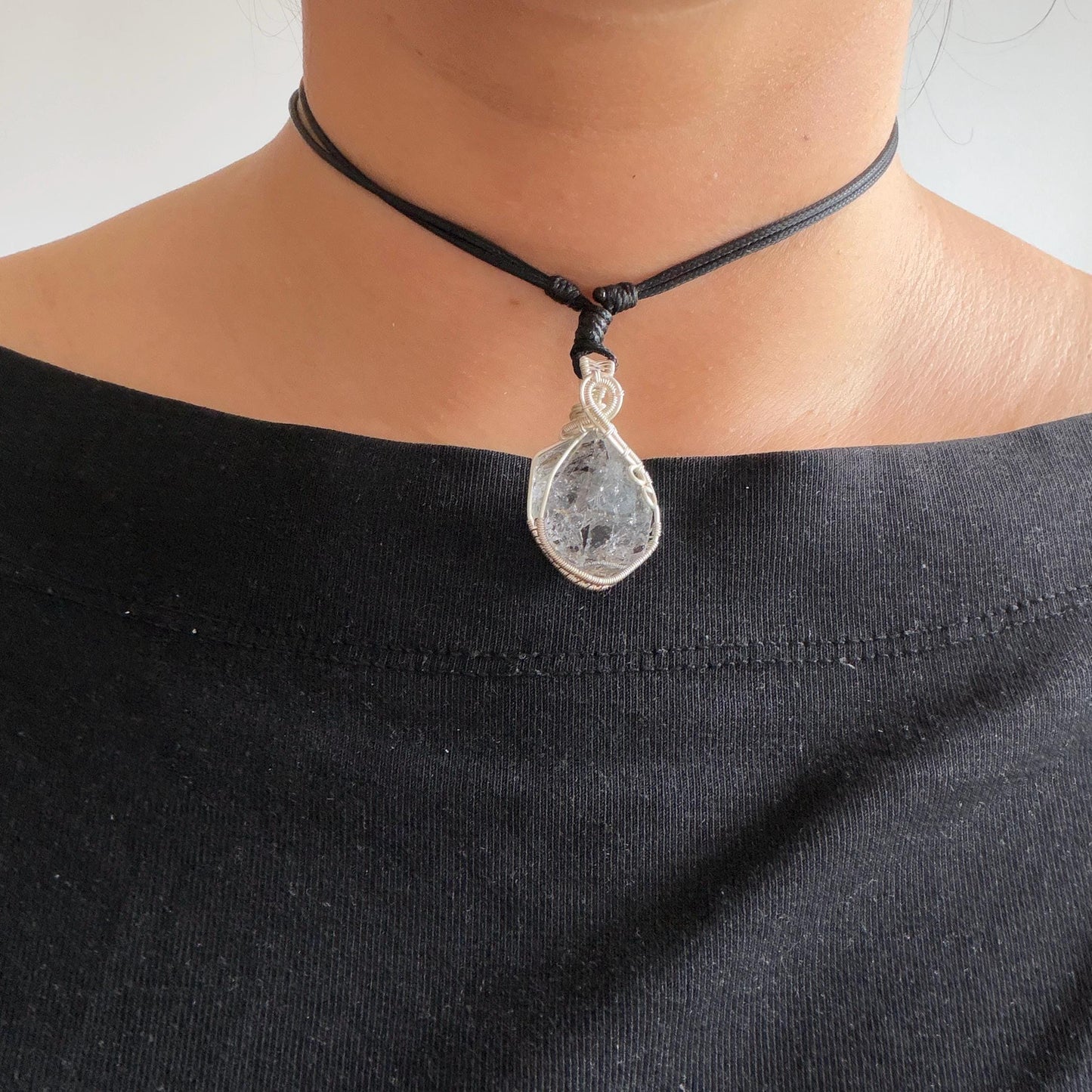 Polished Enhydro Quartz (Herkimer Diamond) Wire Wrapped Small Pendant Adjustable Necklace: Shifting Big Bubble and Moving Sand with Black Tourmaline Inclusion Crystal | Natural Gemstone Birthstone Gift for her  enhydro quartz sand water-fall pendant necklace choker gemstone charm stone pendant choker polished stone pendant crystal charm birthstone gift for her men necklace chakra crystal purify stone minerals specimen adjustable choker silver wire wrapped pendant