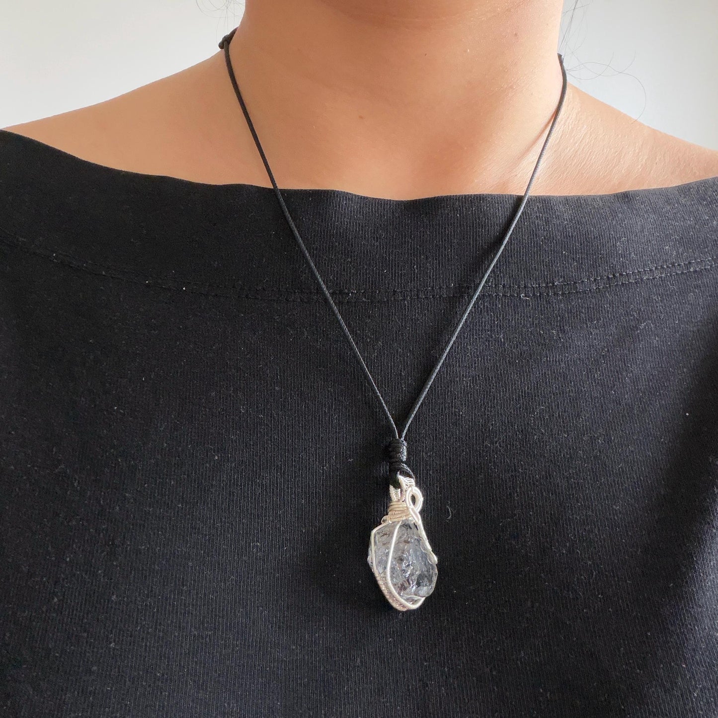 Polished Enhydro Quartz (Herkimer Diamond) Wire Wrapped Small Pendant Adjustable Necklace: Shifting Big Bubble and Moving Sand with Black Tourmaline Inclusion Crystal | Natural Gemstone Birthstone Gift for her  enhydro quartz sand water-fall pendant necklace choker gemstone charm stone pendant choker polished stone pendant crystal charm birthstone gift for her men necklace chakra crystal purify stone minerals specimen adjustable choker silver wire wrapped pendant