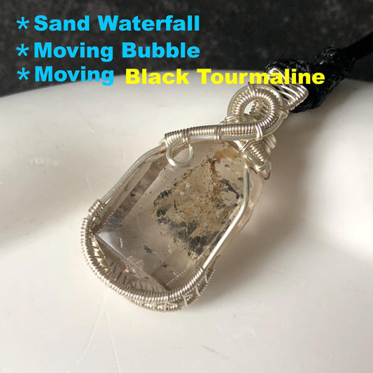 Polished Smoky Enhydro Quartz (Herkimer Diamond) Small Pendant Necklace: Sand Waterfall & Clear Bubble with Black Tourmaline Inclusion