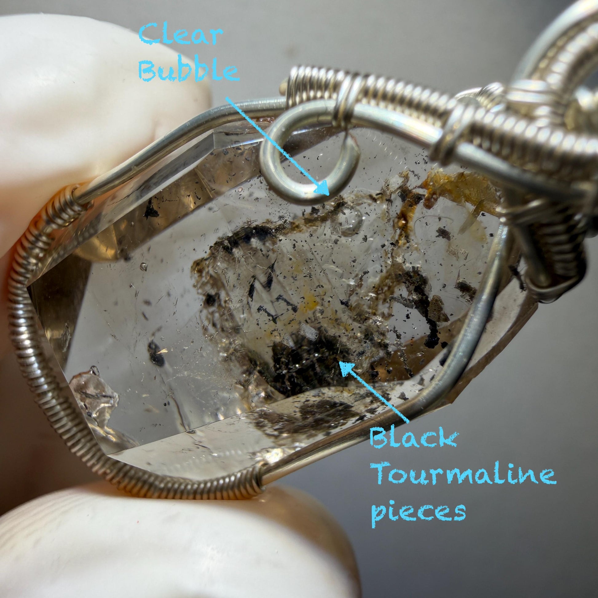 Rare Polished Smoky Enhydro Quartz (Herkimer Diamond) Wire Wrapped Small Pendant Adjustable Choker Necklace | Moving Sand Waterfall & Clear Bubble with Black Tourmaline Inclusion Crystal | Natural Gemstone Birthstone Gift for her enhydro quartz sand water-fall gemstone charm stone pendant choker polished stone pendant crystal charm birthstone gift for her men necklace chakra crystal purify stone minerals specimen adjustable choker silver wire wrapped pendant inclusion crystal meditation stone