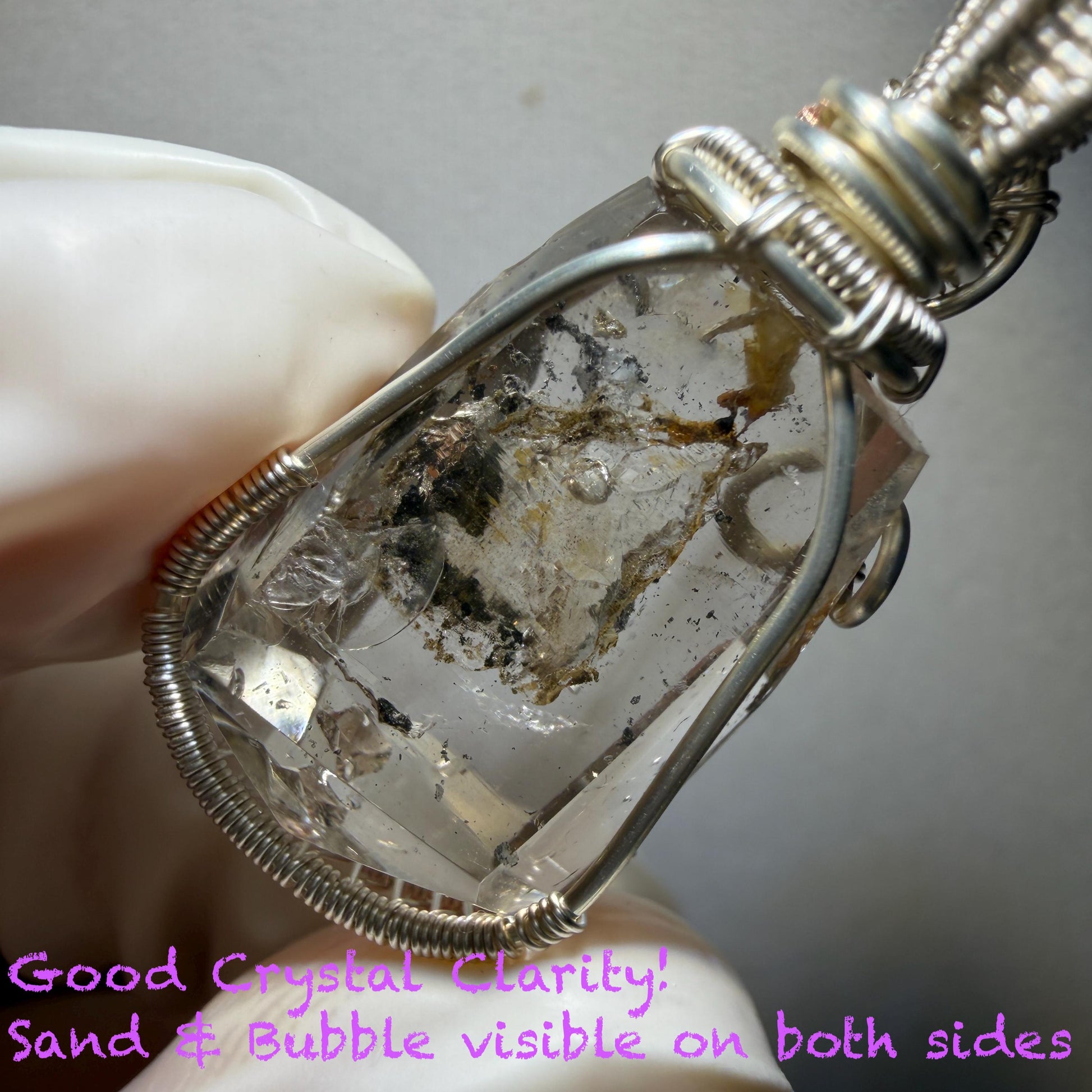 Rare Polished Smoky Enhydro Quartz (Herkimer Diamond) Wire Wrapped Small Pendant Adjustable Choker Necklace | Moving Sand Waterfall & Clear Bubble with Black Tourmaline Inclusion Crystal | Natural Gemstone Birthstone Gift for her enhydro quartz sand water-fall gemstone charm stone pendant choker polished stone pendant crystal charm birthstone gift for her men necklace chakra crystal purify stone minerals specimen adjustable choker silver wire wrapped pendant inclusion crystal meditation stone