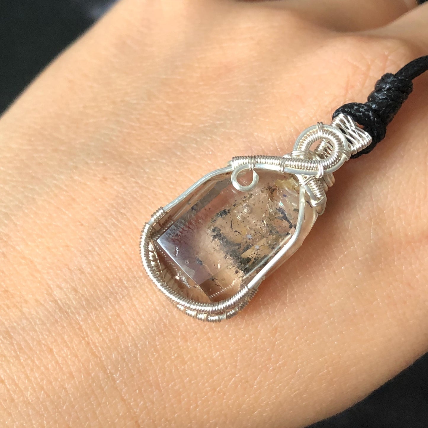 Rare Polished Smoky Enhydro Quartz (Herkimer Diamond) Wire Wrapped Small Pendant Adjustable Choker Necklace | Moving Sand Waterfall & Clear Bubble with Black Tourmaline Inclusion Crystal | Natural Gemstone Birthstone Gift for her enhydro quartz sand water-fall gemstone charm stone pendant choker polished stone pendant crystal charm birthstone gift for her men necklace chakra crystal purify stone minerals specimen adjustable choker silver wire wrapped pendant inclusion crystal meditation stone