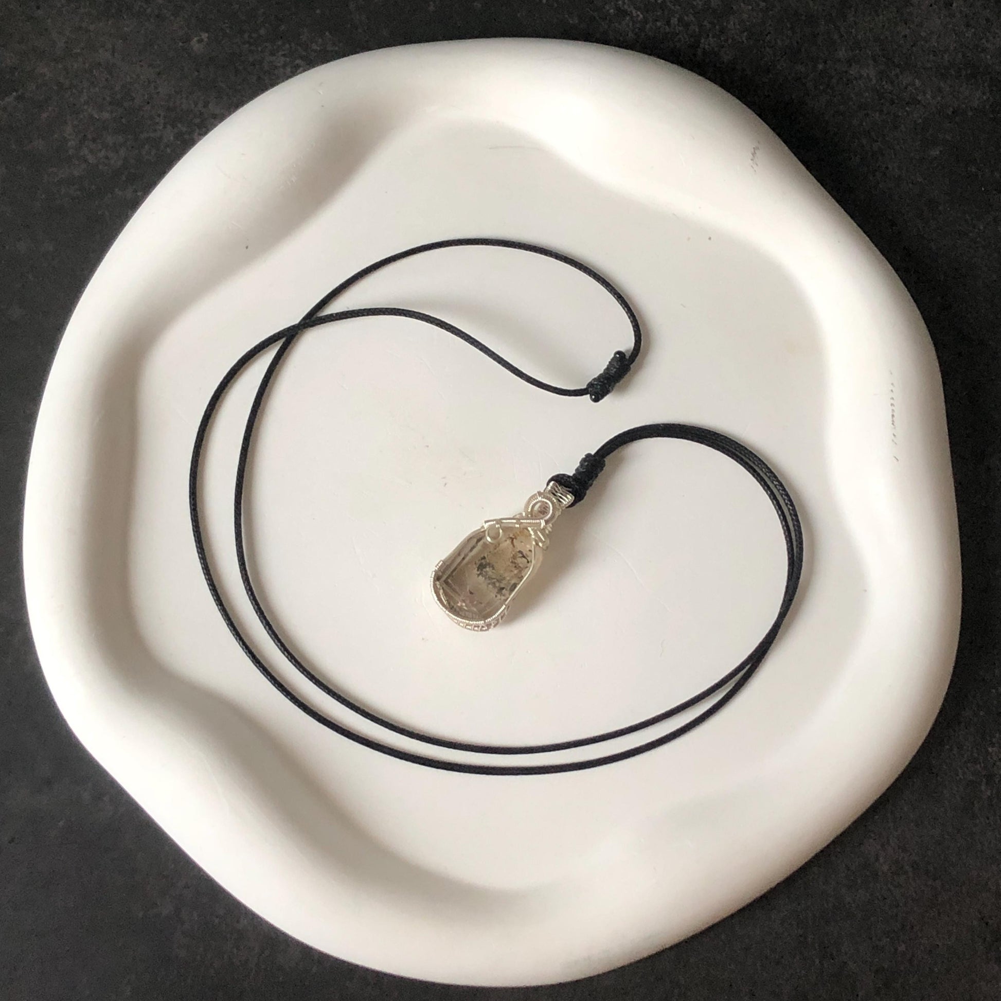 Rare Polished Smoky Enhydro Quartz (Herkimer Diamond) Wire Wrapped Small Pendant Adjustable Choker Necklace | Moving Sand Waterfall & Clear Bubble with Black Tourmaline Inclusion Crystal | Natural Gemstone Birthstone Gift for her enhydro quartz sand water-fall gemstone charm stone pendant choker polished stone pendant crystal charm birthstone gift for her men necklace chakra crystal purify stone minerals specimen adjustable choker silver wire wrapped pendant inclusion crystal meditation stone
