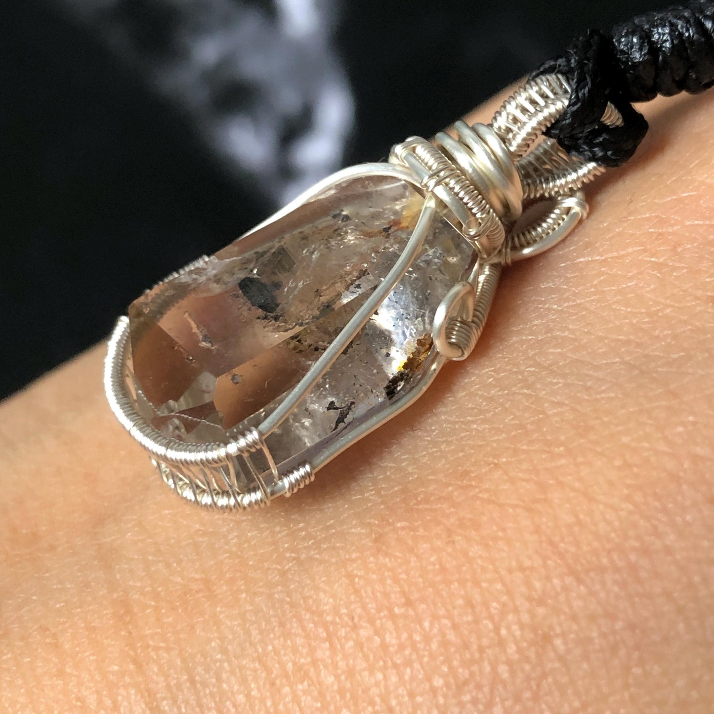 Rare Polished Smoky Enhydro Quartz (Herkimer Diamond) Wire Wrapped Small Pendant Adjustable Choker Necklace | Moving Sand Waterfall & Clear Bubble with Black Tourmaline Inclusion Crystal | Natural Gemstone Birthstone Gift for her enhydro quartz sand water-fall gemstone charm stone pendant choker polished stone pendant crystal charm birthstone gift for her men necklace chakra crystal purify stone minerals specimen adjustable choker silver wire wrapped pendant inclusion crystal meditation stone