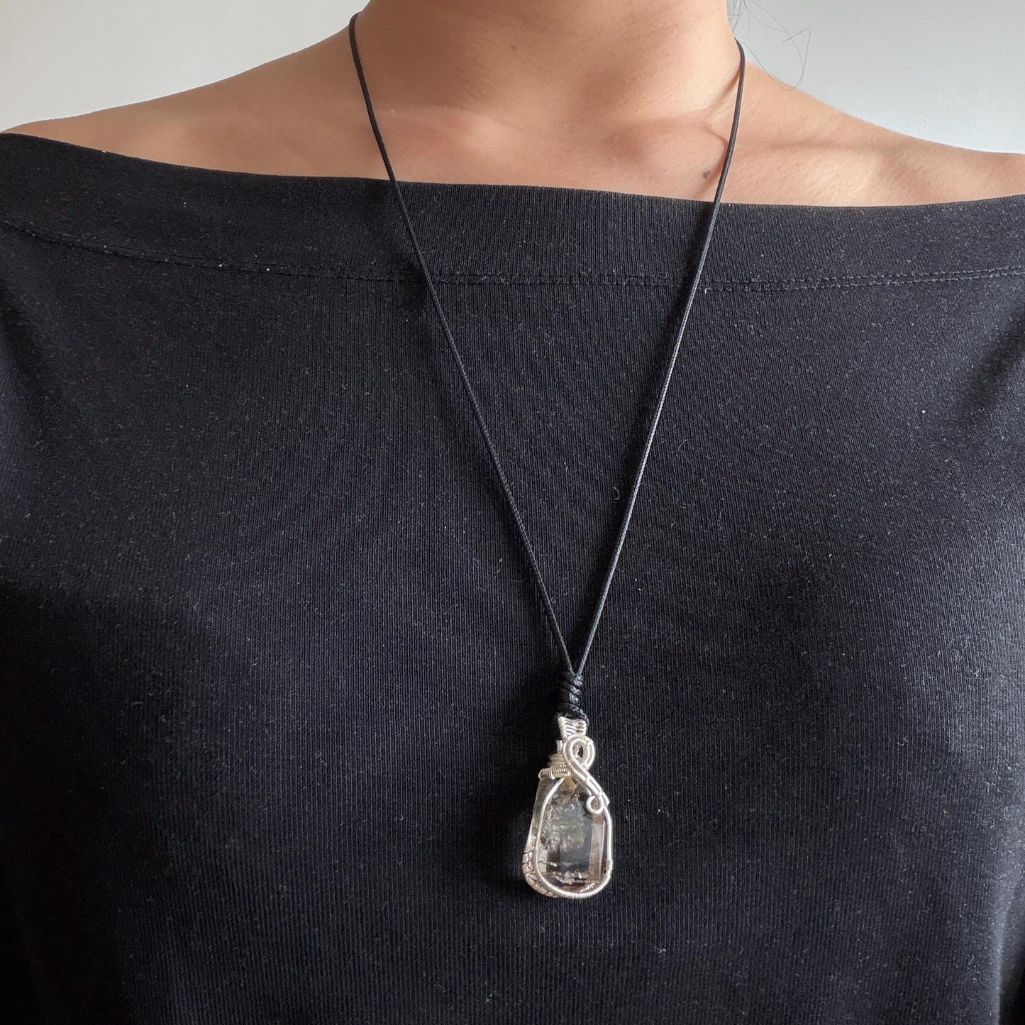 Rare Polished Smoky Enhydro Quartz (Herkimer Diamond) Wire Wrapped Small Pendant Adjustable Choker Necklace | Moving Sand Waterfall & Clear Bubble with Black Tourmaline Inclusion Crystal | Natural Gemstone Birthstone Gift for her enhydro quartz sand water-fall gemstone charm stone pendant choker polished stone pendant crystal charm birthstone gift for her men necklace chakra crystal purify stone minerals specimen adjustable choker silver wire wrapped pendant inclusion crystal meditation stone