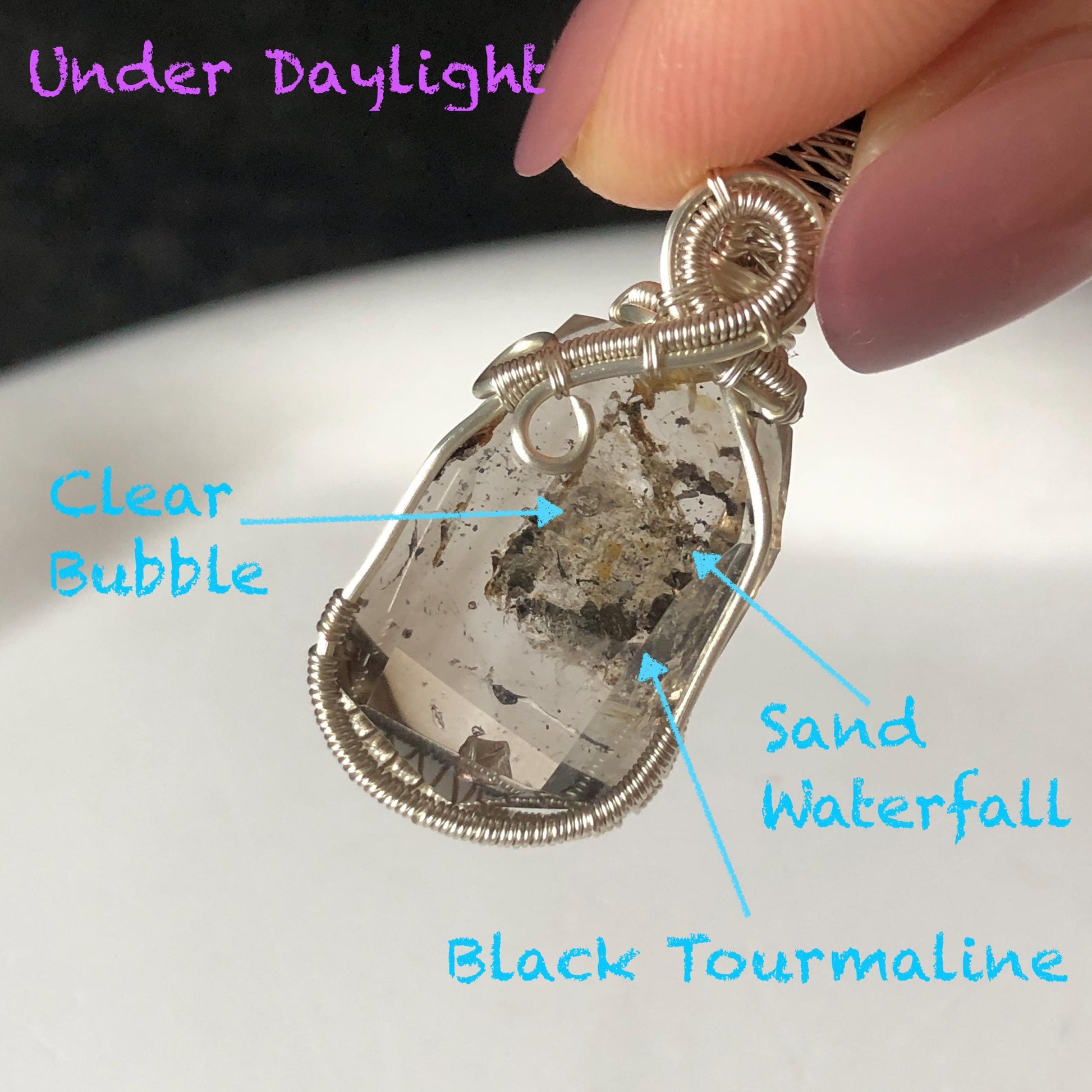 Rare Polished Smoky Enhydro Quartz (Herkimer Diamond) Wire Wrapped Small Pendant Adjustable Choker Necklace | Moving Sand Waterfall & Clear Bubble with Black Tourmaline Inclusion Crystal | Natural Gemstone Birthstone Gift for her enhydro quartz sand water-fall gemstone charm stone pendant choker polished stone pendant crystal charm birthstone gift for her men necklace chakra crystal purify stone minerals specimen adjustable choker silver wire wrapped pendant inclusion crystal meditation stone