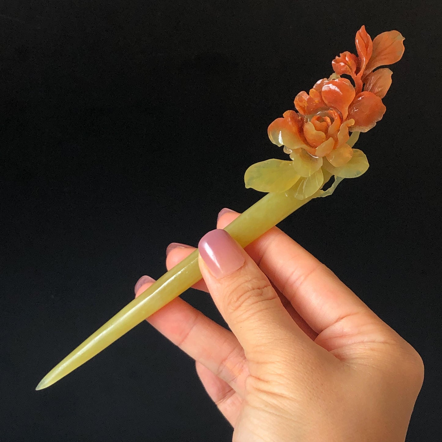 Xiu Jade Serpentine Hand Carved Camellia Flower Hair Stick: Certified Natural Red Jade Hairpin, Vintage Hanfu Hair Jewelry Gift for her Bridal Shower gift bridal hair clip wedding headpiece wedding hair jewelry bridal hair accessories red jade carving yellow jade hand engraved flower handcrafted hair stick japanese hairpins korean hair stick chinese hair comb vintage hair pins antique hair fork hanfu hair pins certified untreated jade multicolor jade bicolor jade flower carving Camellia carving