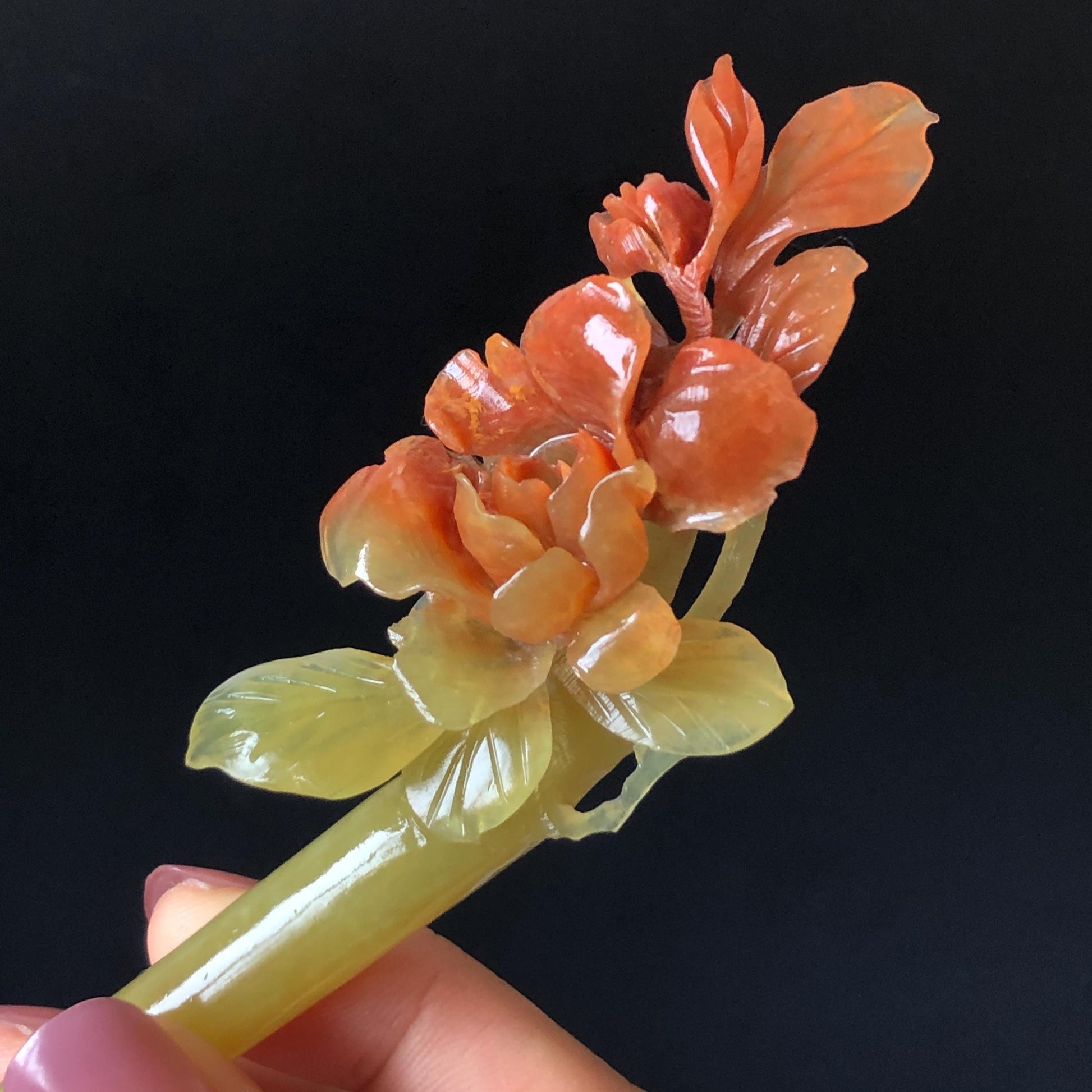 Xiu Jade Serpentine Hand Carved Camellia Flower Hair Stick: Certified Natural Red Jade Hairpin, Vintage Hanfu Hair Jewelry Gift for her Bridal Shower gift bridal hair clip wedding headpiece wedding hair jewelry bridal hair accessories red jade carving yellow jade hand engraved flower handcrafted hair stick japanese hairpins korean hair stick chinese hair comb vintage hair pins antique hair fork hanfu hair pins certified untreated jade multicolor jade bicolor jade flower carving Camellia carving