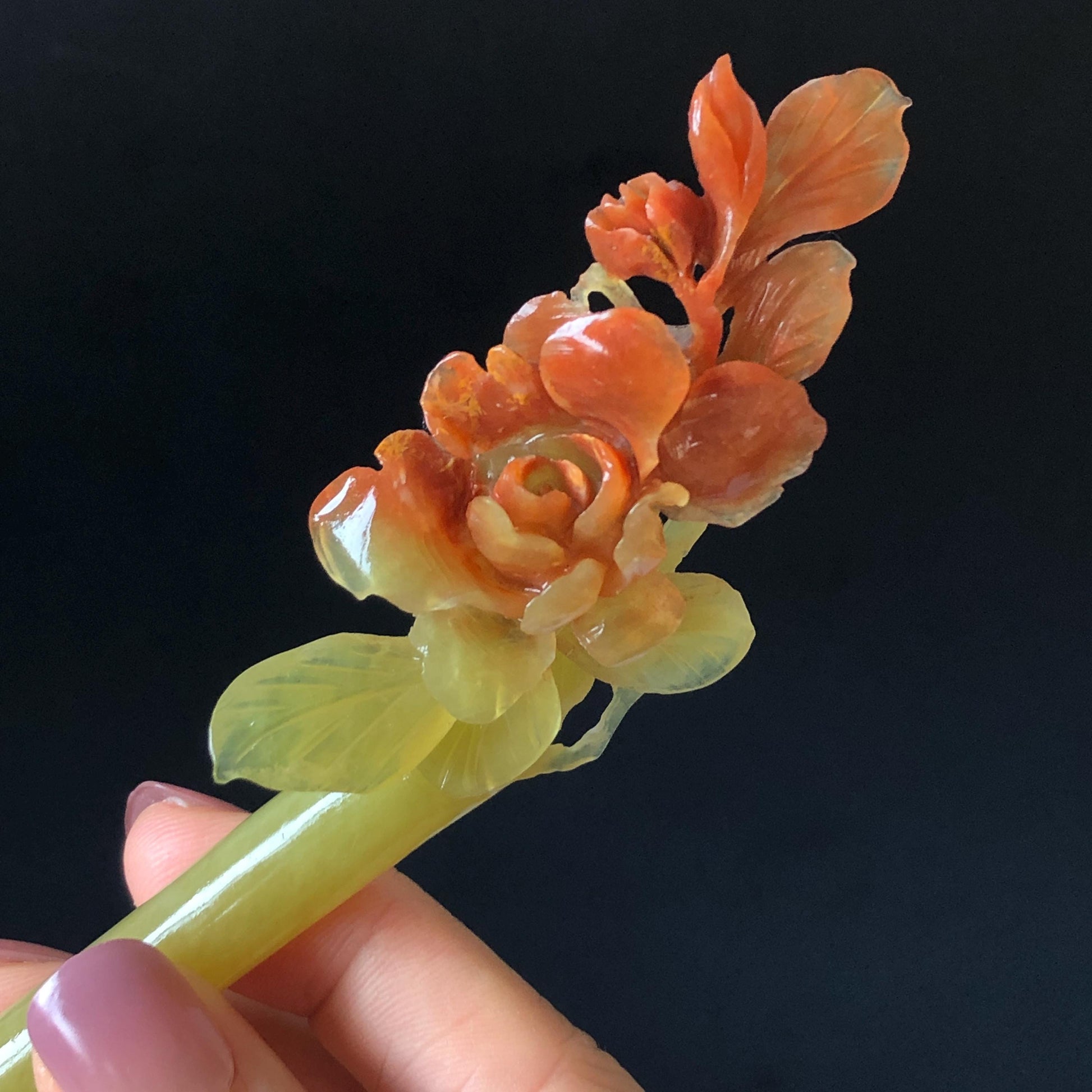 Xiu Jade Serpentine Hand Carved Camellia Flower Hair Stick: Certified Natural Red Jade Hairpin, Vintage Hanfu Hair Jewelry Gift for her Bridal Shower gift bridal hair clip wedding headpiece wedding hair jewelry bridal hair accessories red jade carving yellow jade hand engraved flower handcrafted hair stick japanese hairpins korean hair stick chinese hair comb vintage hair pins antique hair fork hanfu hair pins certified untreated jade multicolor jade bicolor jade flower carving Camellia carving