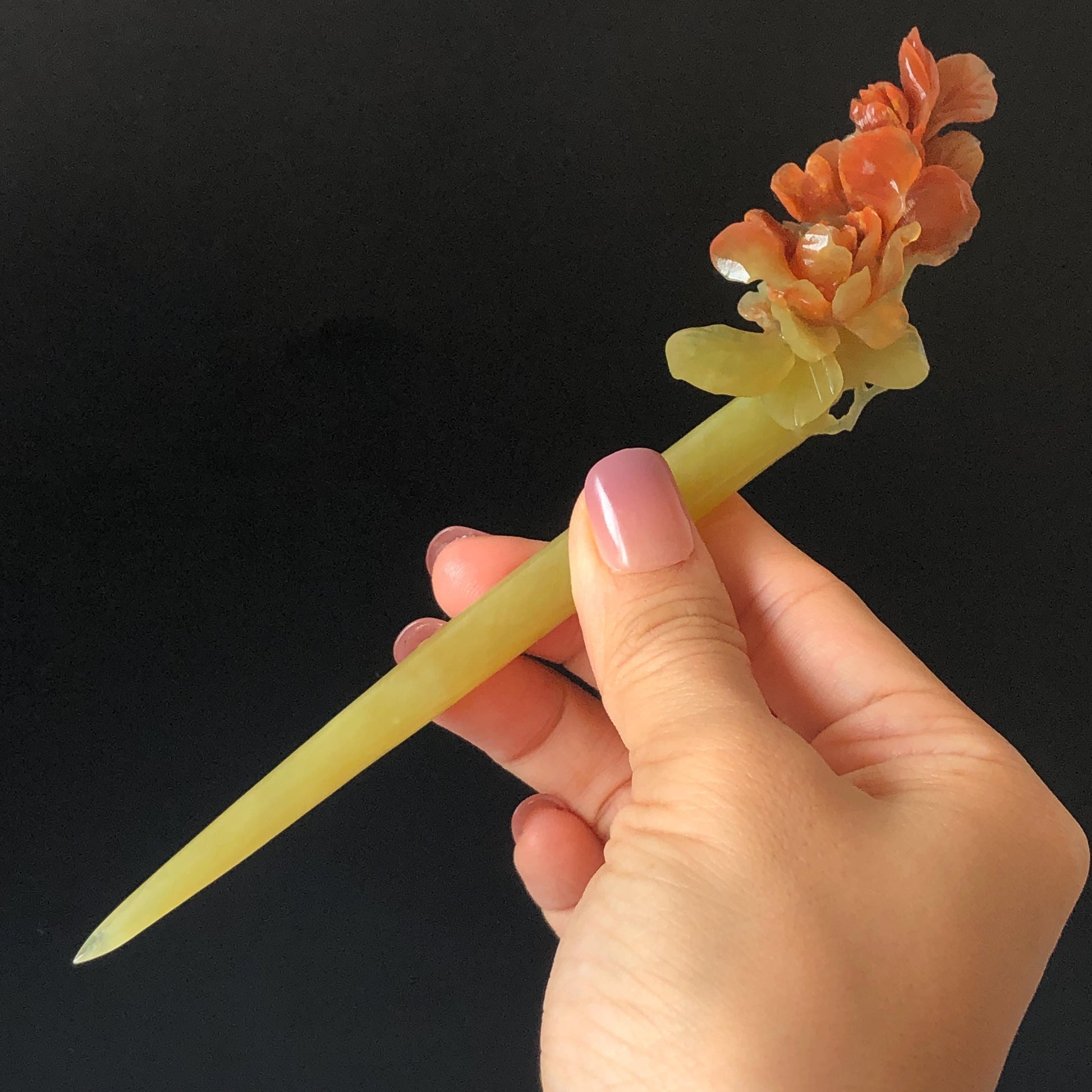 Xiu Jade Serpentine Hand Carved Camellia Flower Hair Stick: Certified Natural Red Jade Hairpin, Vintage Hanfu Hair Jewelry Gift for her Bridal Shower gift bridal hair clip wedding headpiece wedding hair jewelry bridal hair accessories red jade carving yellow jade hand engraved flower handcrafted hair stick japanese hairpins korean hair stick chinese hair comb vintage hair pins antique hair fork hanfu hair pins certified untreated jade multicolor jade bicolor jade flower carving Camellia carving