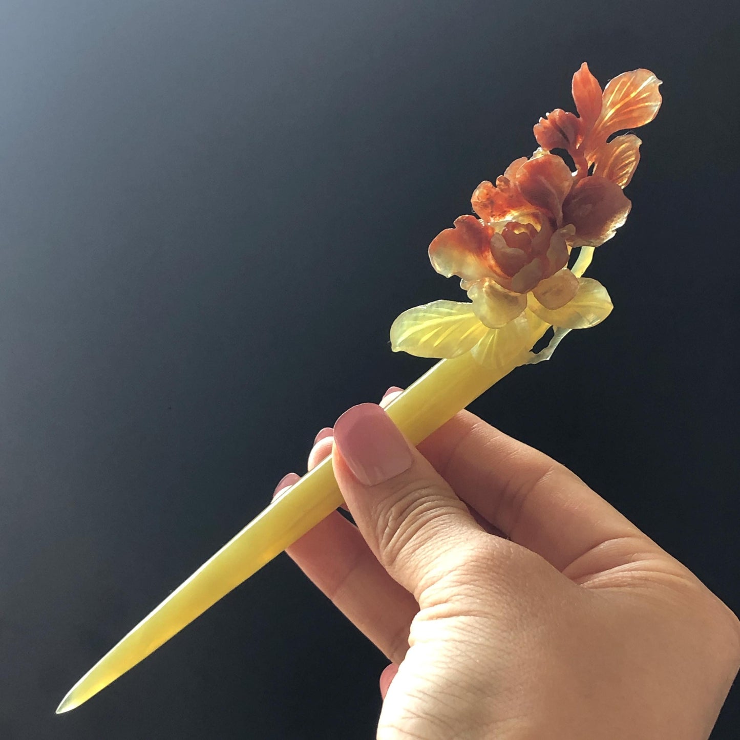 Xiu Jade Serpentine Hand Carved Camellia Flower Hair Stick: Certified Natural Red Jade Hairpin, Vintage Hanfu Hair Jewelry Gift for her Bridal Shower gift bridal hair clip wedding headpiece wedding hair jewelry bridal hair accessories red jade carving yellow jade hand engraved flower handcrafted hair stick japanese hairpins korean hair stick chinese hair comb vintage hair pins antique hair fork hanfu hair pins certified untreated jade multicolor jade bicolor jade flower carving Camellia carving