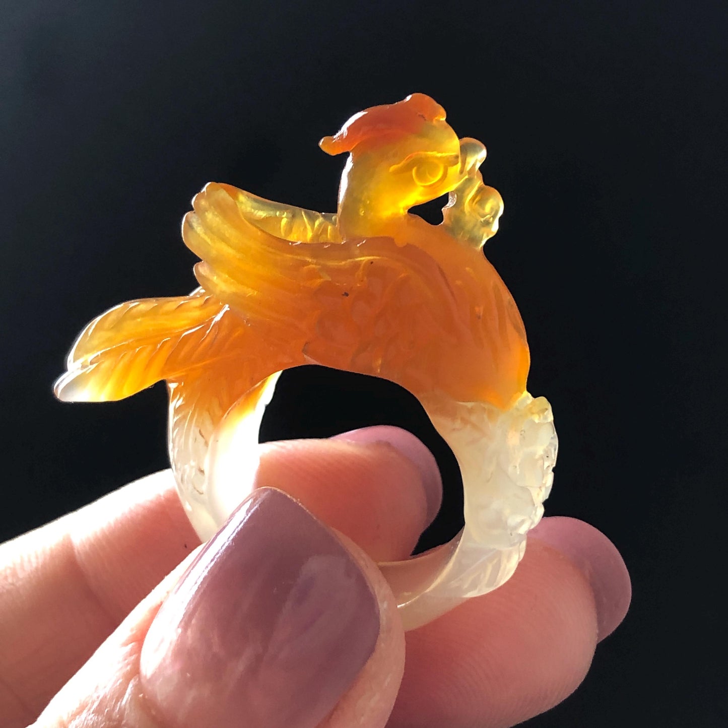 Xiu Jade Serpentine Hand Carved 3D Fire Phoenix & Peony Ring 16.9mm (US 6.25): Natural Multi-colour Orange White Red Jade Statement Ring Band Ring gift for her red jade carving orange jade white jade multicolour jade phoenix carving animals carving hand engraved statement ring flower carving hand carved flower natural untreated jade handcrafted jade ring 3D carving Stone carving Gemstone Carving phoenix Lover gift Parrot Lover Gift jade cocktail ring jade band ring peony carving