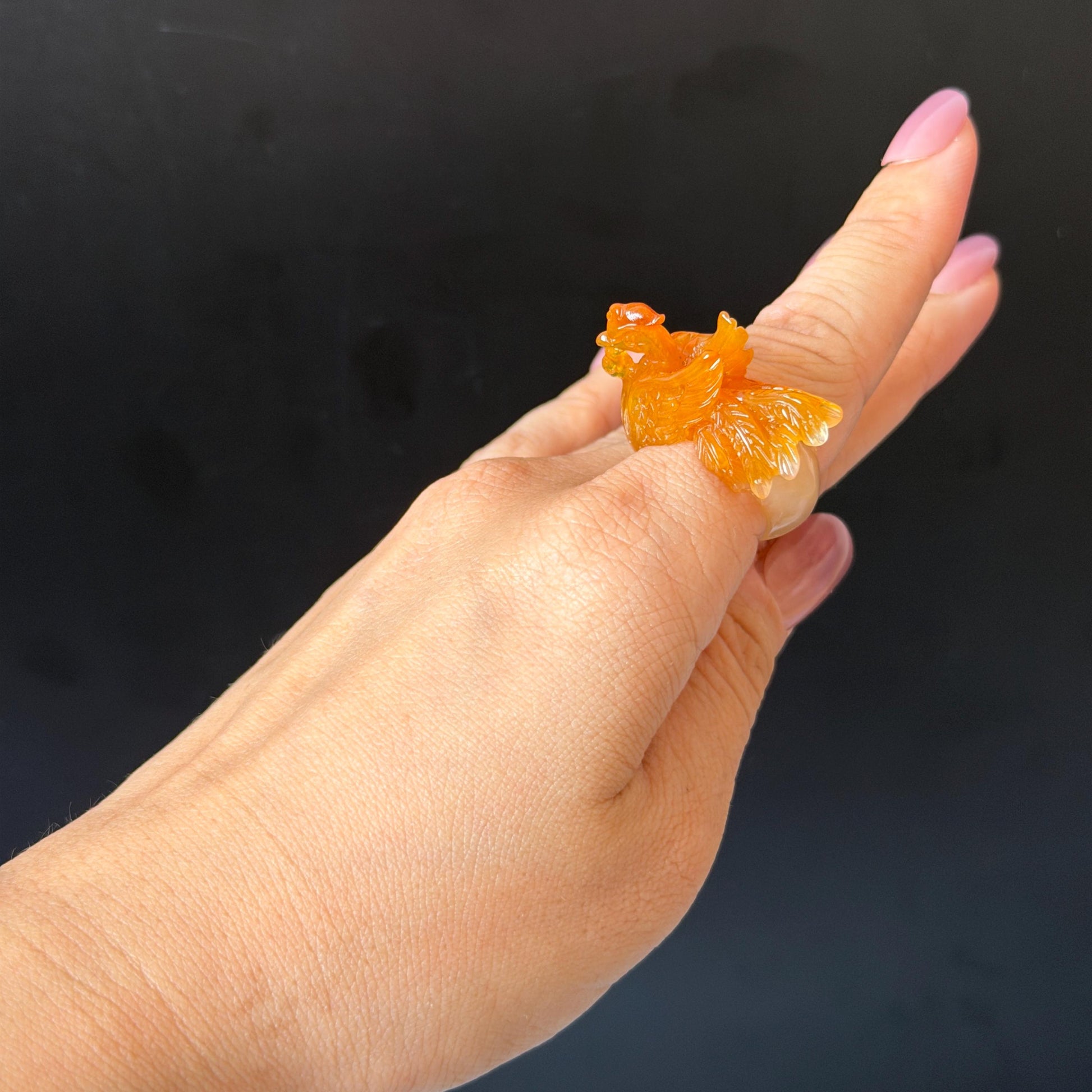 Xiu Jade Serpentine Hand Carved 3D Fire Phoenix & Peony Ring 16.9mm (US 6.25): Natural Multi-colour Orange White Red Jade Statement Ring Band Ring gift for her red jade carving orange jade white jade multicolour jade phoenix carving animals carving hand engraved statement ring flower carving hand carved flower natural untreated jade handcrafted jade ring 3D carving Stone carving Gemstone Carving phoenix Lover gift Parrot Lover Gift jade cocktail ring jade band ring peony carving