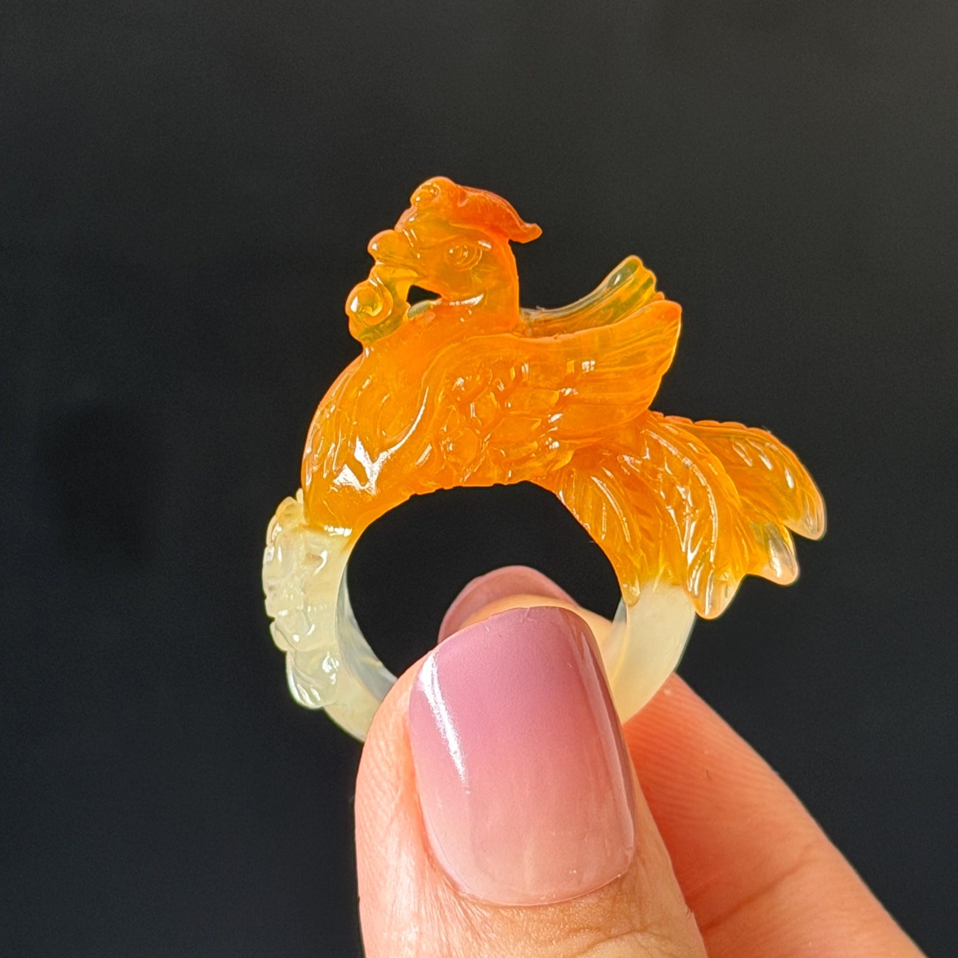 Xiu Jade Serpentine Hand Carved 3D Fire Phoenix & Peony Ring 16.9mm (US 6.25): Natural Multi-colour Orange White Red Jade Statement Ring Band Ring gift for her red jade carving orange jade white jade multicolour jade phoenix carving animals carving hand engraved statement ring flower carving hand carved flower natural untreated jade handcrafted jade ring 3D carving Stone carving Gemstone Carving phoenix Lover gift Parrot Lover Gift jade cocktail ring jade band ring peony carving