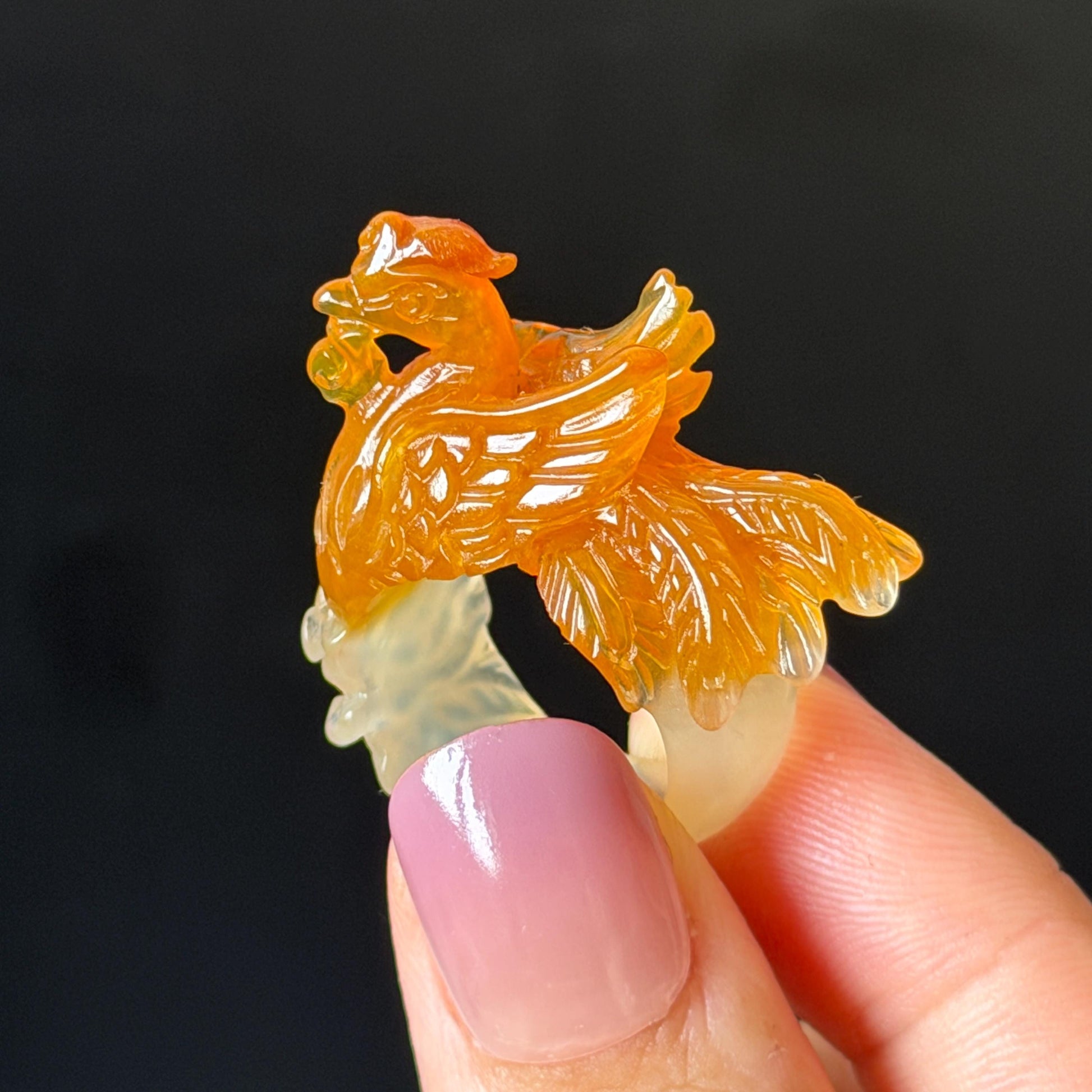 Xiu Jade Serpentine Hand Carved 3D Fire Phoenix & Peony Ring 16.9mm (US 6.25): Natural Multi-colour Orange White Red Jade Statement Ring Band Ring gift for her red jade carving orange jade white jade multicolour jade phoenix carving animals carving hand engraved statement ring flower carving hand carved flower natural untreated jade handcrafted jade ring 3D carving Stone carving Gemstone Carving phoenix Lover gift Parrot Lover Gift jade cocktail ring jade band ring peony carving