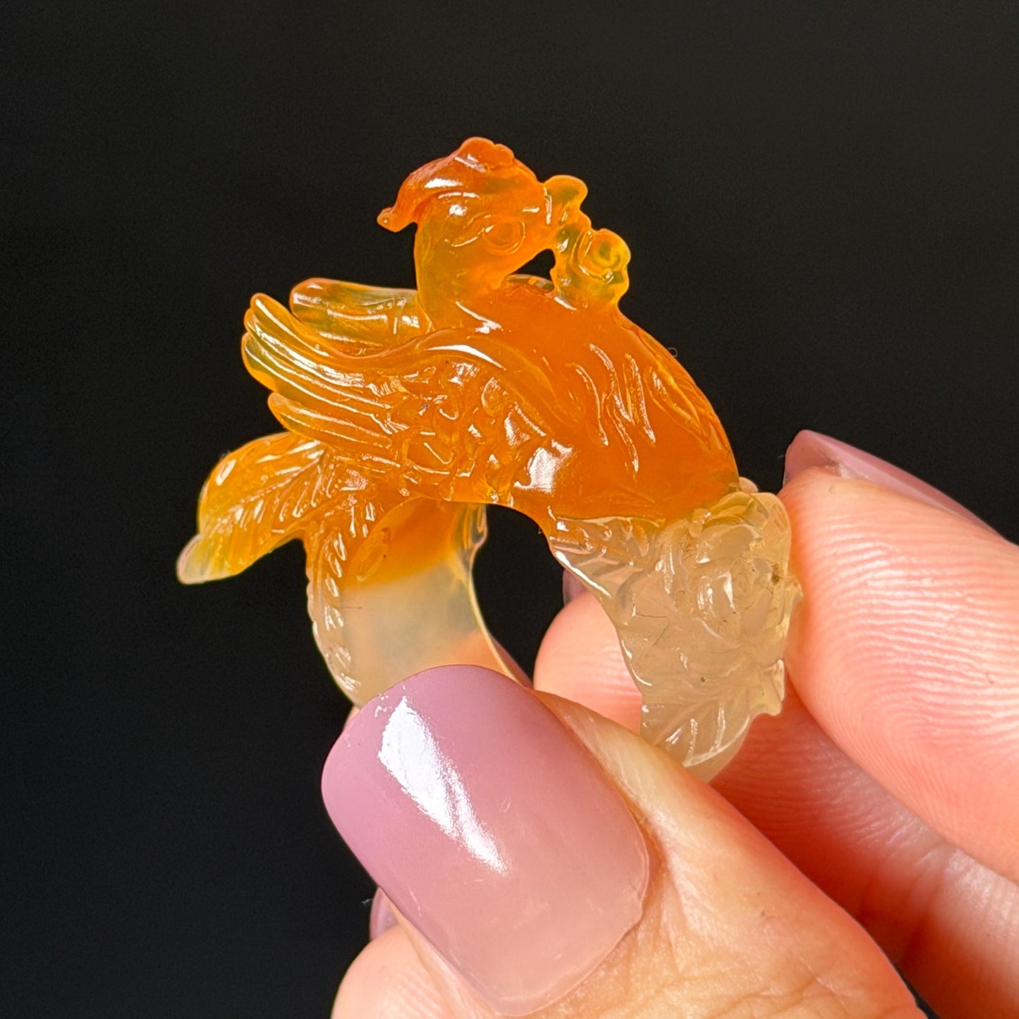 Xiu Jade Serpentine Hand Carved 3D Fire Phoenix & Peony Ring 16.9mm (US 6.25): Natural Multi-colour Orange White Red Jade Statement Ring Band Ring gift for her red jade carving orange jade white jade multicolour jade phoenix carving animals carving hand engraved statement ring flower carving hand carved flower natural untreated jade handcrafted jade ring 3D carving Stone carving Gemstone Carving phoenix Lover gift Parrot Lover Gift jade cocktail ring jade band ring peony carving