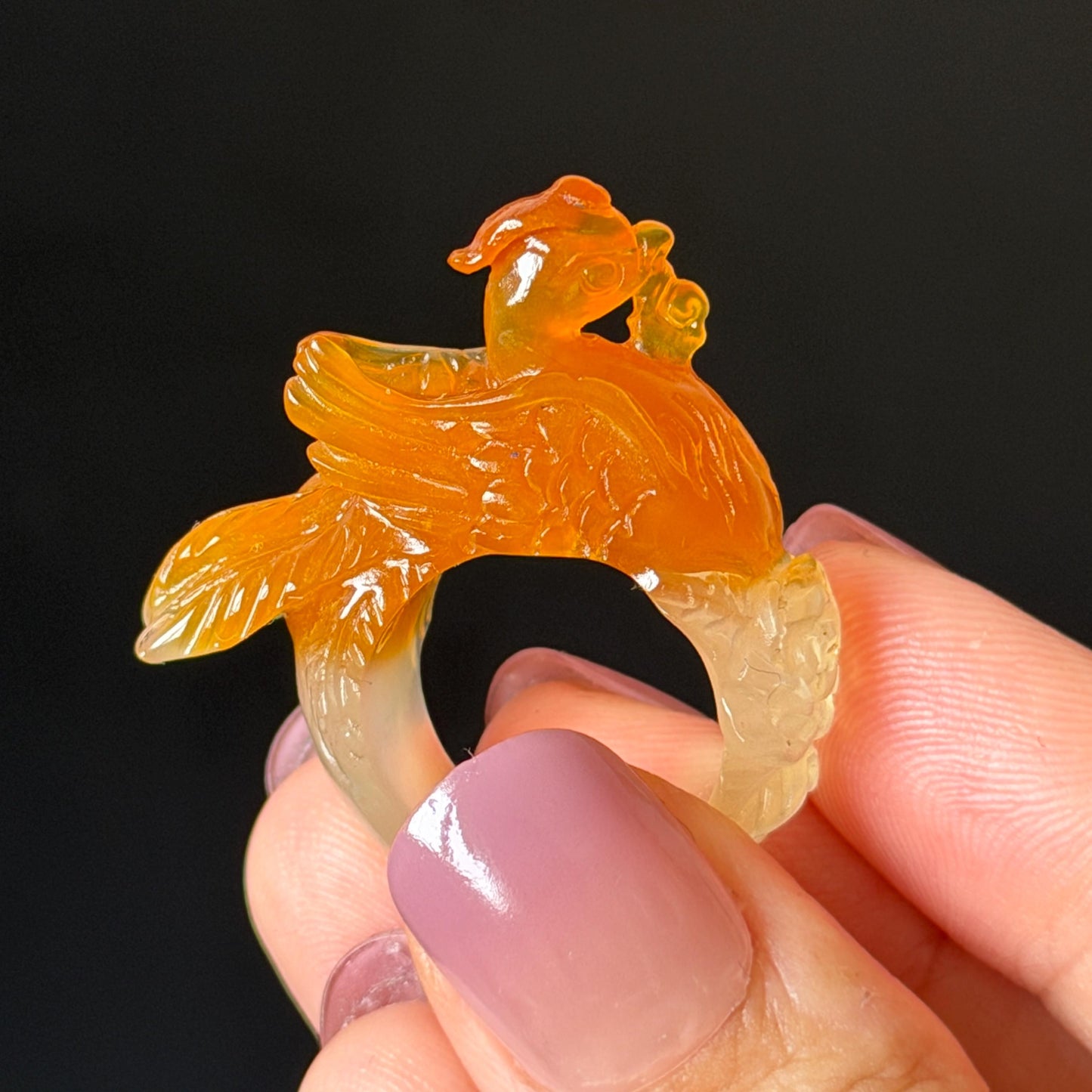 Xiu Jade Serpentine Hand Carved 3D Fire Phoenix & Peony Ring 16.9mm (US 6.25): Natural Multi-colour Orange White Red Jade Statement Ring Band Ring gift for her red jade carving orange jade white jade multicolour jade phoenix carving animals carving hand engraved statement ring flower carving hand carved flower natural untreated jade handcrafted jade ring 3D carving Stone carving Gemstone Carving phoenix Lover gift Parrot Lover Gift jade cocktail ring jade band ring peony carving