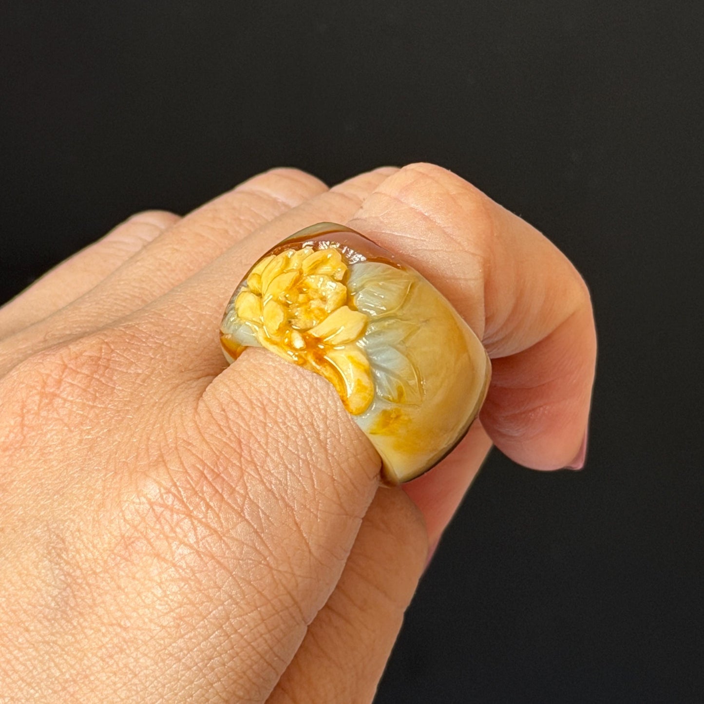Xiu Jade Serpentine Hand Carved Peony Flower Statement Ring 18.4mm (US 8.25): Natural Brown White Jade 3D Flower Carving Stone Thumb Ring Band Ring gift for her brown jade carving white jade yellow jade multicolour jade peony carving hand engraved statement ring flower carving hand carved flower natural untreated jade handcrafted jade ring 3D stone carving handcrafted ring stackable ring ring pendant flower carving cocktail ring