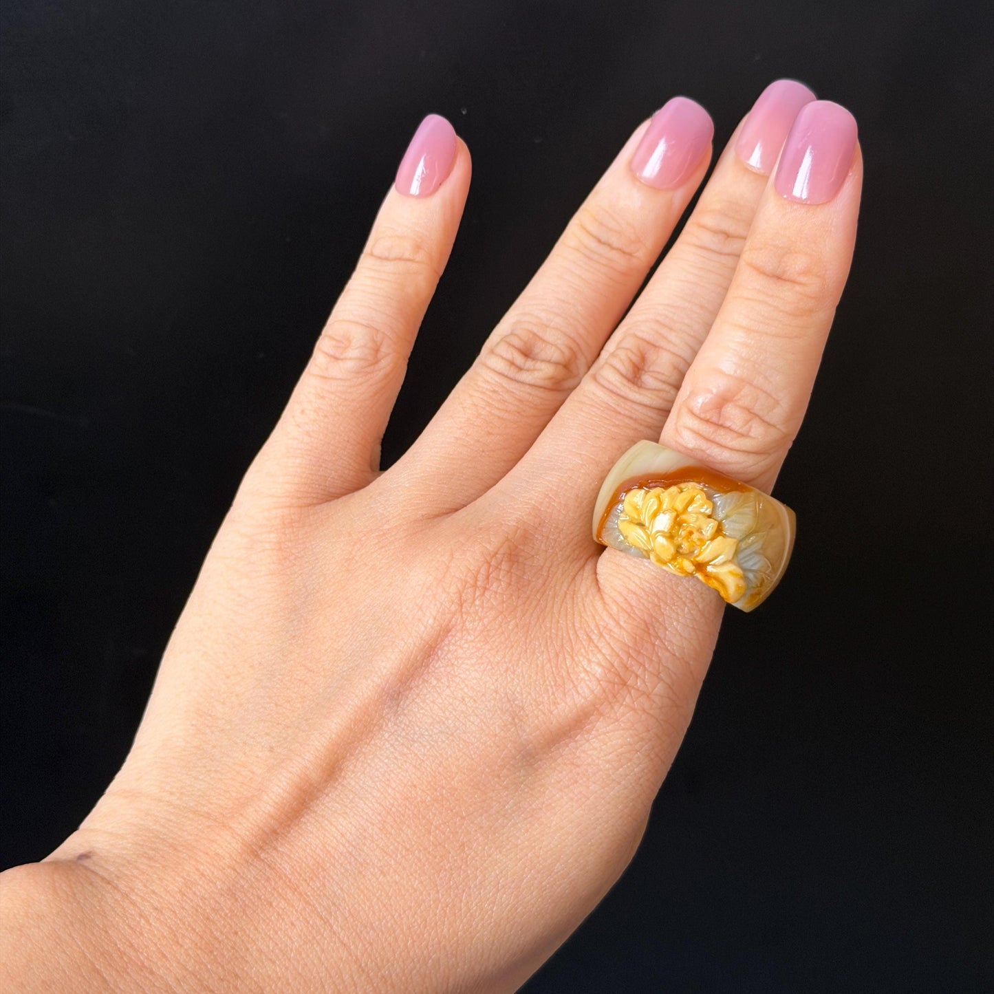 Xiu Jade Serpentine Hand Carved Peony Flower Statement Ring 18.4mm (US 8.25): Natural Brown White Jade 3D Flower Carving Stone Thumb Ring Band Ring gift for her brown jade carving white jade yellow jade multicolour jade peony carving hand engraved statement ring flower carving hand carved flower natural untreated jade handcrafted jade ring 3D stone carving handcrafted ring stackable ring ring pendant flower carving cocktail ring