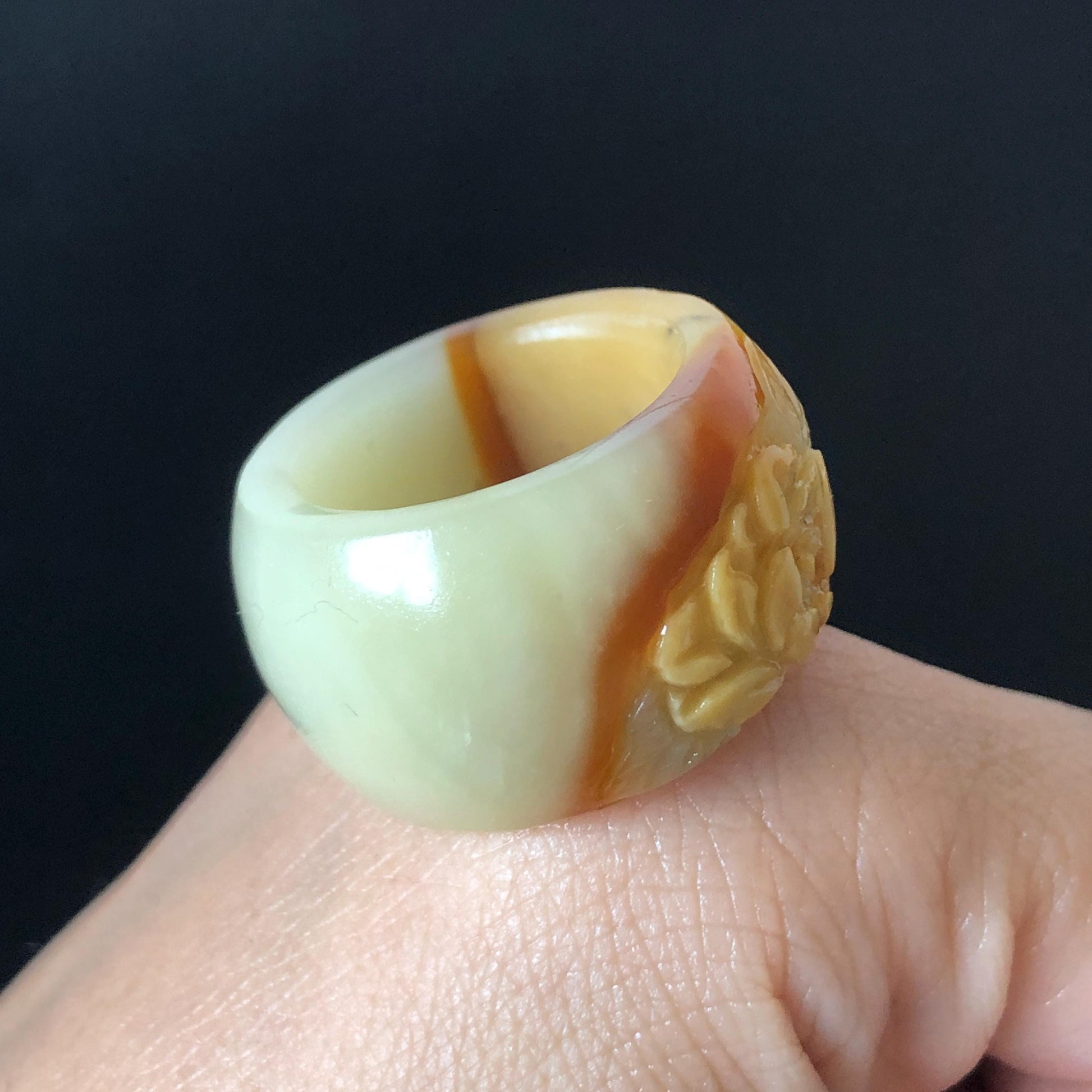 Xiu Jade Serpentine Hand Carved Peony Flower Statement Ring 18.4mm (US 8.25): Natural Brown White Jade 3D Flower Carving Stone Thumb Ring Band Ring gift for her brown jade carving white jade yellow jade multicolour jade peony carving hand engraved statement ring flower carving hand carved flower natural untreated jade handcrafted jade ring 3D stone carving handcrafted ring stackable ring ring pendant flower carving cocktail ring
