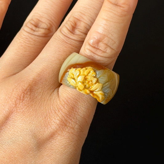 Xiu Jade Serpentine Hand Carved Peony Flower Statement Ring 18.4mm (US 8.25): Natural Brown White Jade 3D Flower Carving Stone Thumb Ring Band Ring gift for her brown jade carving white jade yellow jade multicolour jade peony carving hand engraved statement ring flower carving hand carved flower natural untreated jade handcrafted jade ring 3D stone carving handcrafted ring stackable ring ring pendant flower carving cocktail ring