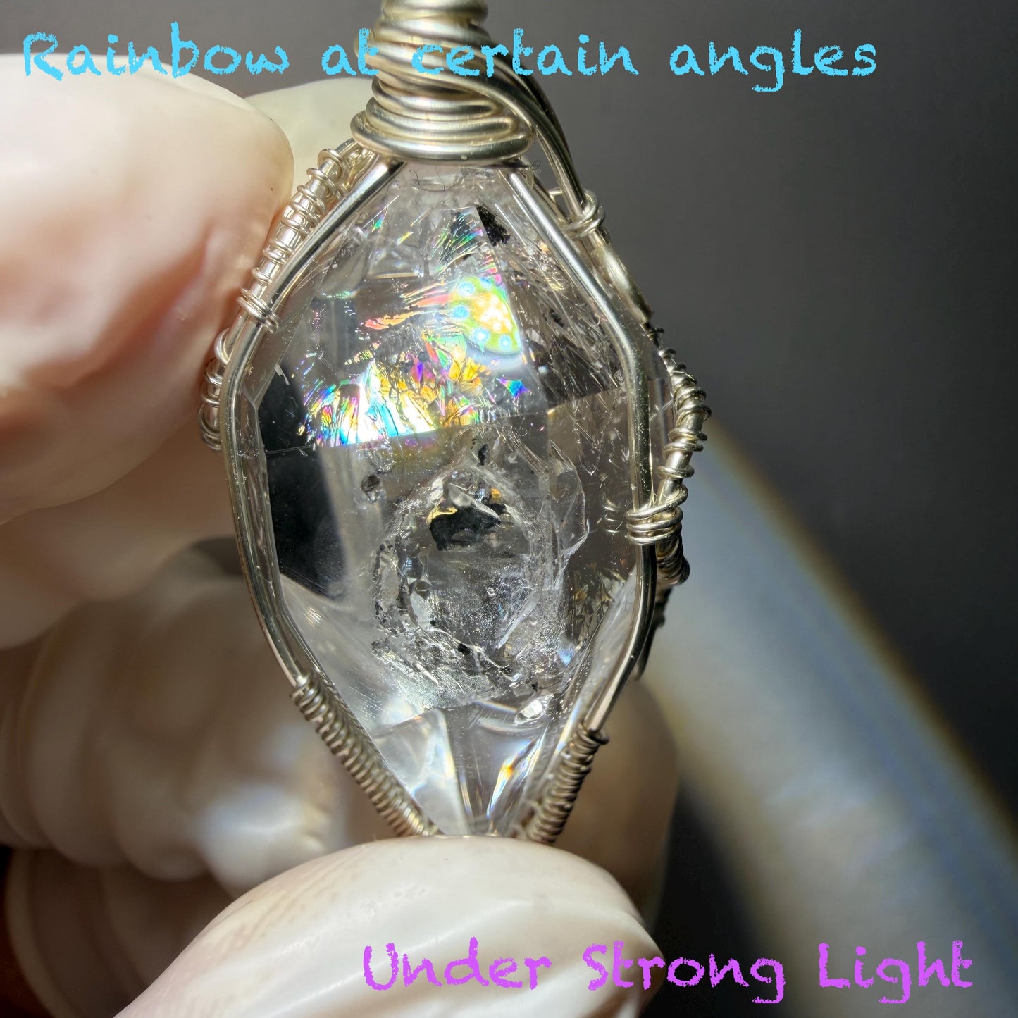 Rare Polished Enhydro Quartz (Herkimer Diamond) Wire Wrapped Pendant Adjustable Choker Necklace: Multiple Moving Sand & Bubble with Black Tourmaline Inclusion Crystal | Natural Gemstone Birthstone Gift for her  enhydro quartz sand water-fall gemstone charm stone pendant choker polished stone pendant crystal charm birthstone gift for her men necklace chakra crystal purify stone minerals specimen adjustable choker silver wire wrapped pendant inclusion crystal meditation stone