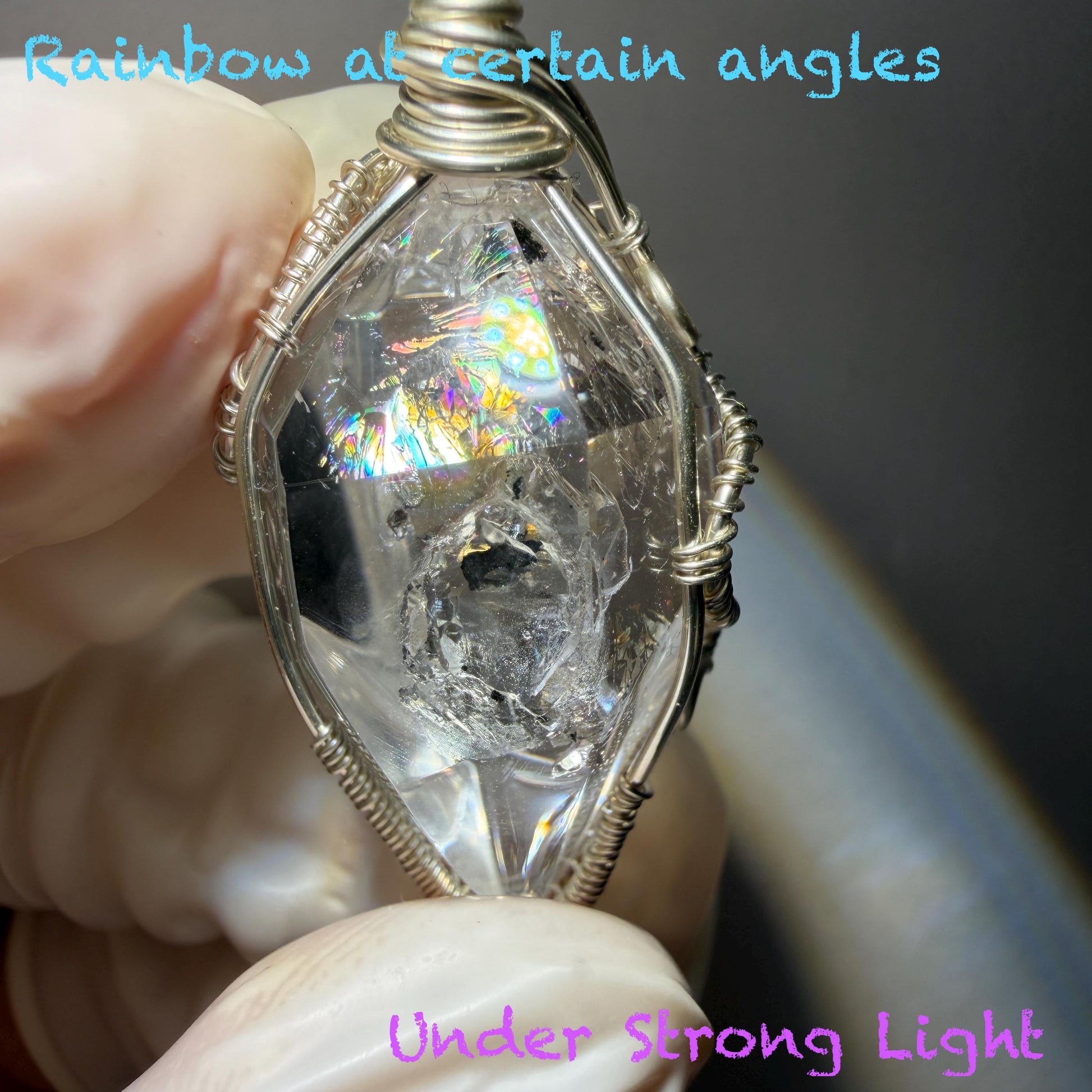 Rare Polished Enhydro Quartz (Herkimer Diamond) Wire Wrapped Pendant Adjustable Choker Necklace: Multiple Moving Sand & Bubble with Black Tourmaline Inclusion Crystal | Natural Gemstone Birthstone Gift for her  enhydro quartz sand water-fall gemstone charm stone pendant choker polished stone pendant crystal charm birthstone gift for her men necklace chakra crystal purify stone minerals specimen adjustable choker silver wire wrapped pendant inclusion crystal meditation stone