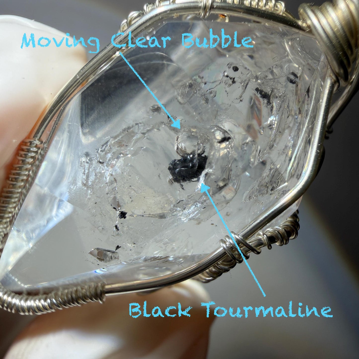 Rare Polished Enhydro Quartz (Herkimer Diamond) Wire Wrapped Pendant Adjustable Choker Necklace: Multiple Moving Sand & Bubble with Black Tourmaline Inclusion Crystal | Natural Gemstone Birthstone Gift for her  enhydro quartz sand water-fall gemstone charm stone pendant choker polished stone pendant crystal charm birthstone gift for her men necklace chakra crystal purify stone minerals specimen adjustable choker silver wire wrapped pendant inclusion crystal meditation stone