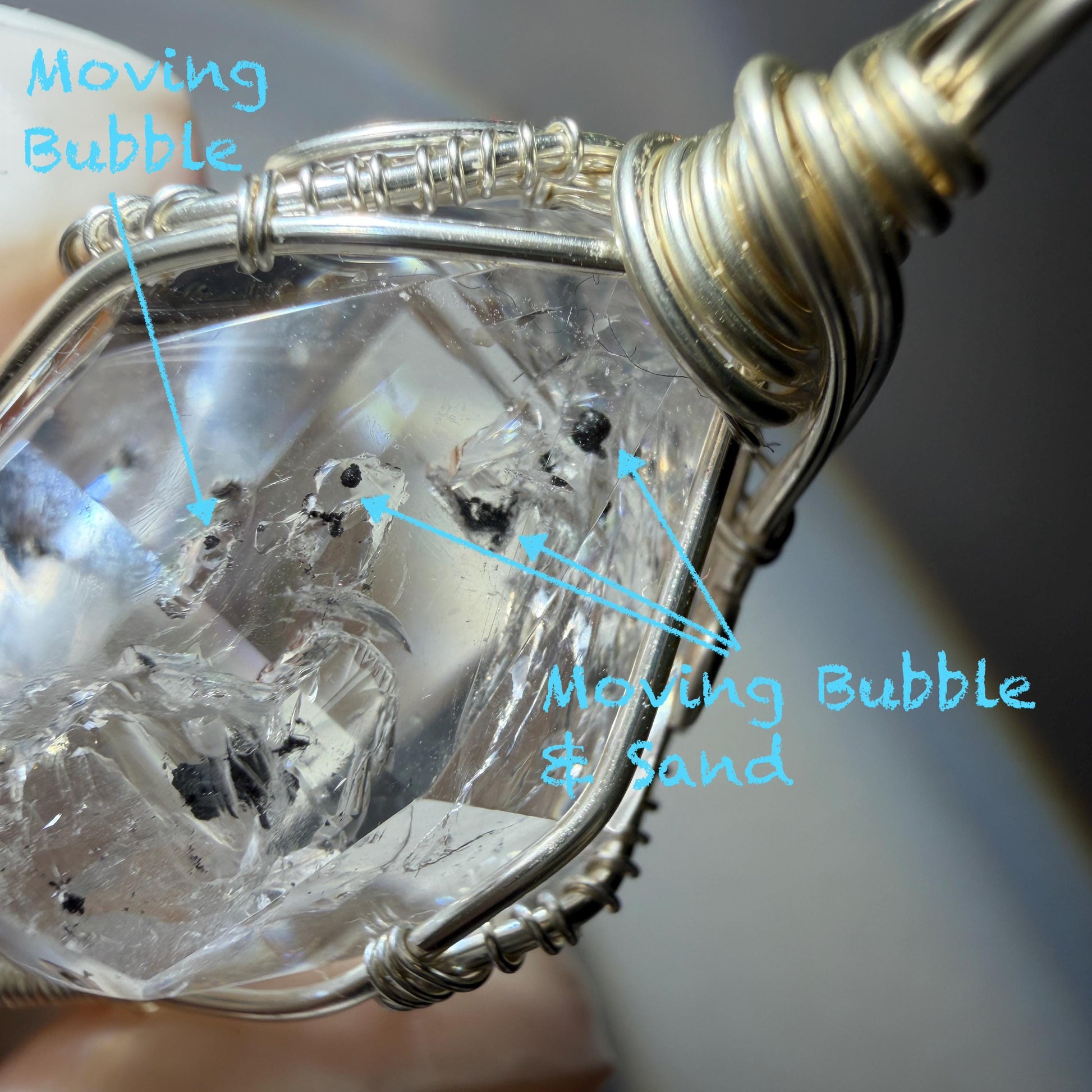 Rare Polished Enhydro Quartz (Herkimer Diamond) Wire Wrapped Pendant Adjustable Choker Necklace: Multiple Moving Sand & Bubble with Black Tourmaline Inclusion Crystal | Natural Gemstone Birthstone Gift for her  enhydro quartz sand water-fall gemstone charm stone pendant choker polished stone pendant crystal charm birthstone gift for her men necklace chakra crystal purify stone minerals specimen adjustable choker silver wire wrapped pendant inclusion crystal meditation stone