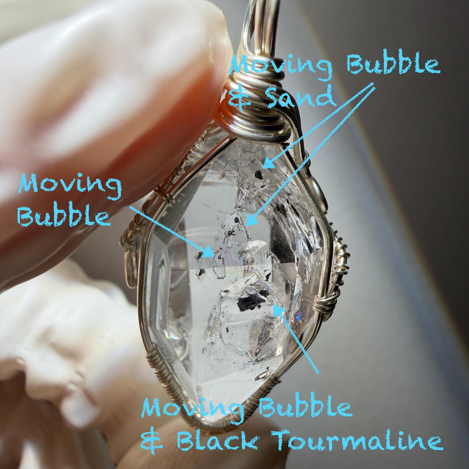 Rare Polished Enhydro Quartz (Herkimer Diamond) Wire Wrapped Pendant Adjustable Choker Necklace: Multiple Moving Sand & Bubble with Black Tourmaline Inclusion Crystal | Natural Gemstone Birthstone Gift for her  enhydro quartz sand water-fall gemstone charm stone pendant choker polished stone pendant crystal charm birthstone gift for her men necklace chakra crystal purify stone minerals specimen adjustable choker silver wire wrapped pendant inclusion crystal meditation stone